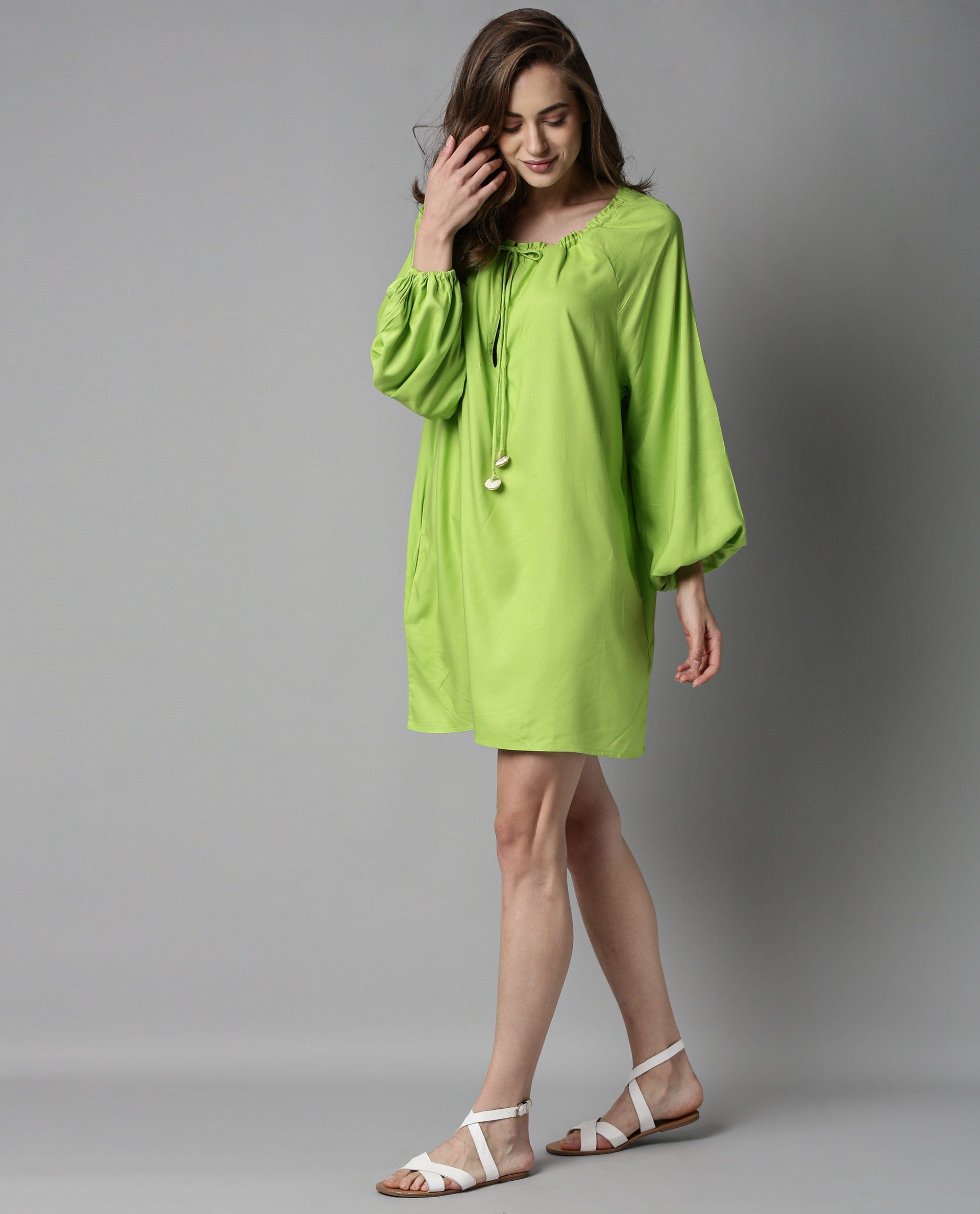 Rareism Women Mason Green Dress Full Sleeves Solid