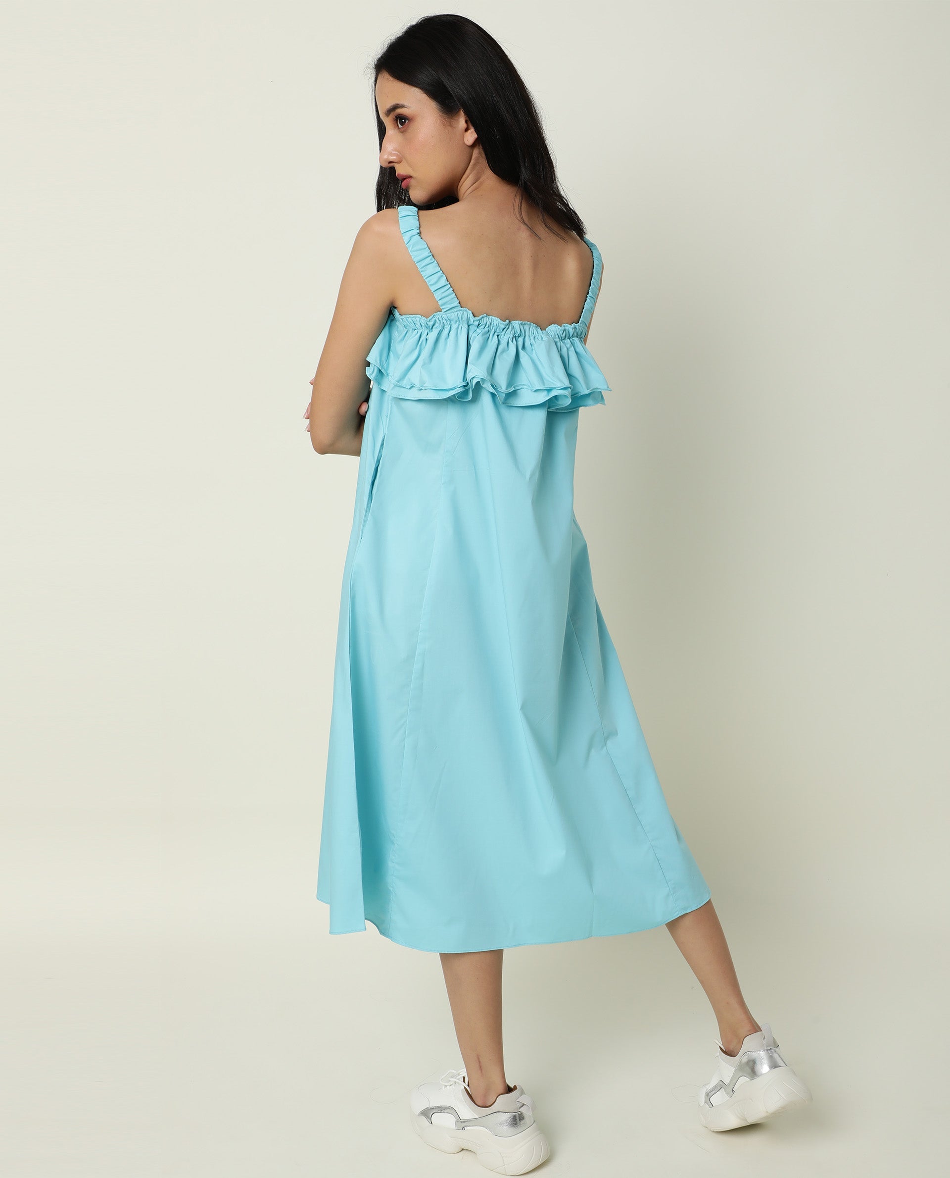 Rareism Women Lens Blue Sleeveless Shoulder Strap Ruffled Square Neck With Pockets Midi Dress
