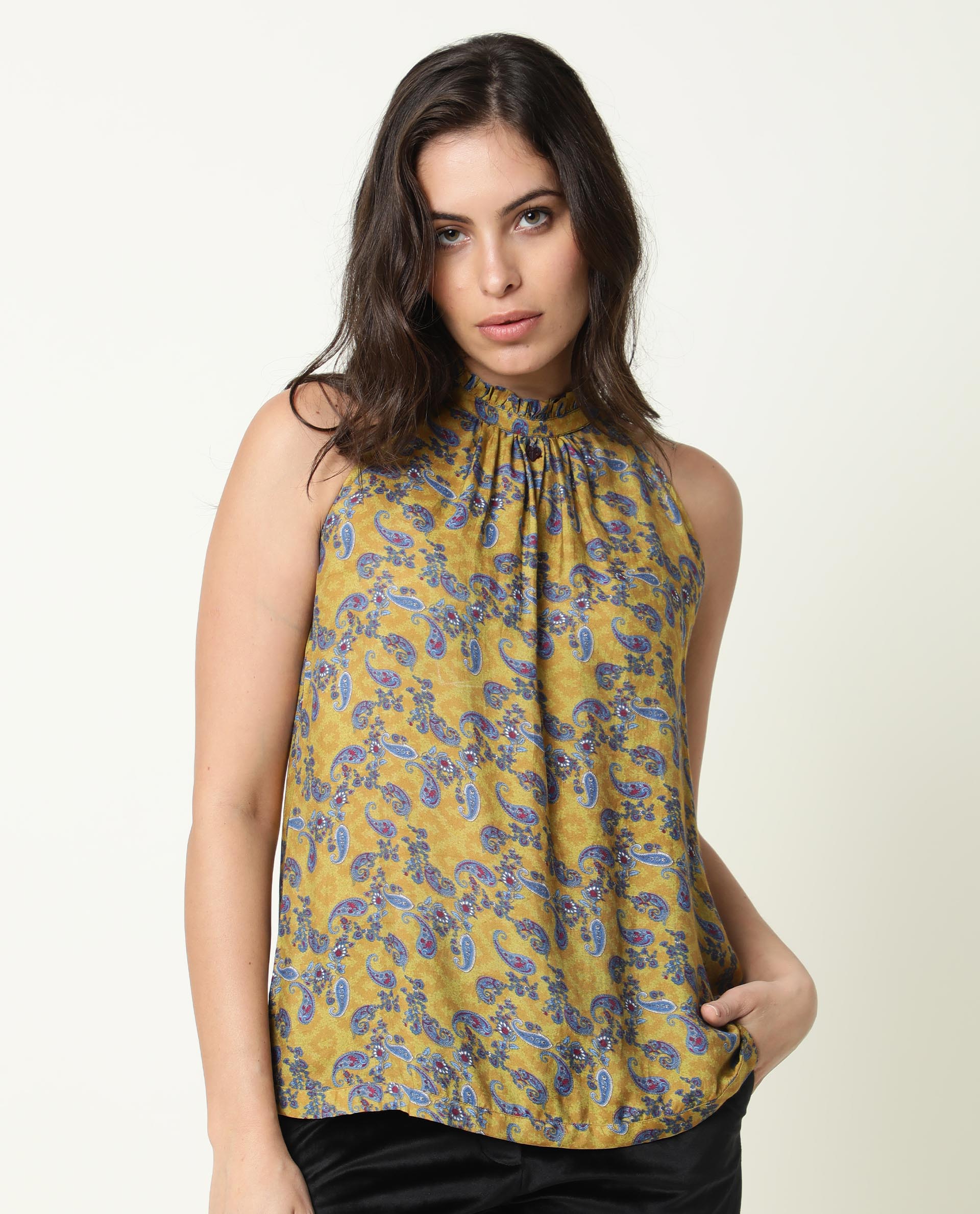 Rareism Womens Elordi Olive Top Cotton Silk Fabric Fitted Fit Sleeveless V Neck