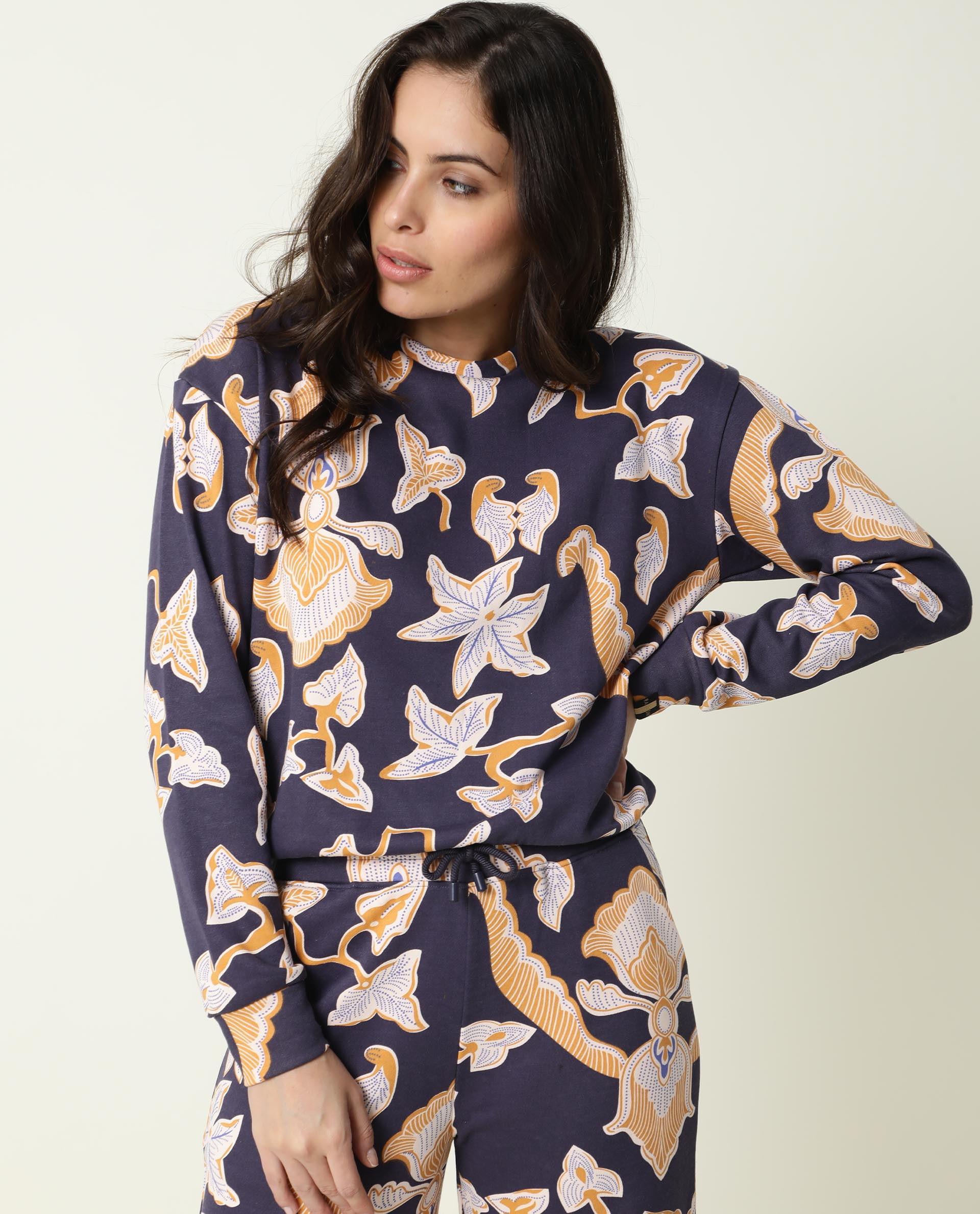 Rareism Women Denise Navy Cotton Fabric Relaxed Fit Full Sleeves Abstract Print Crew Neck Sweatshirt