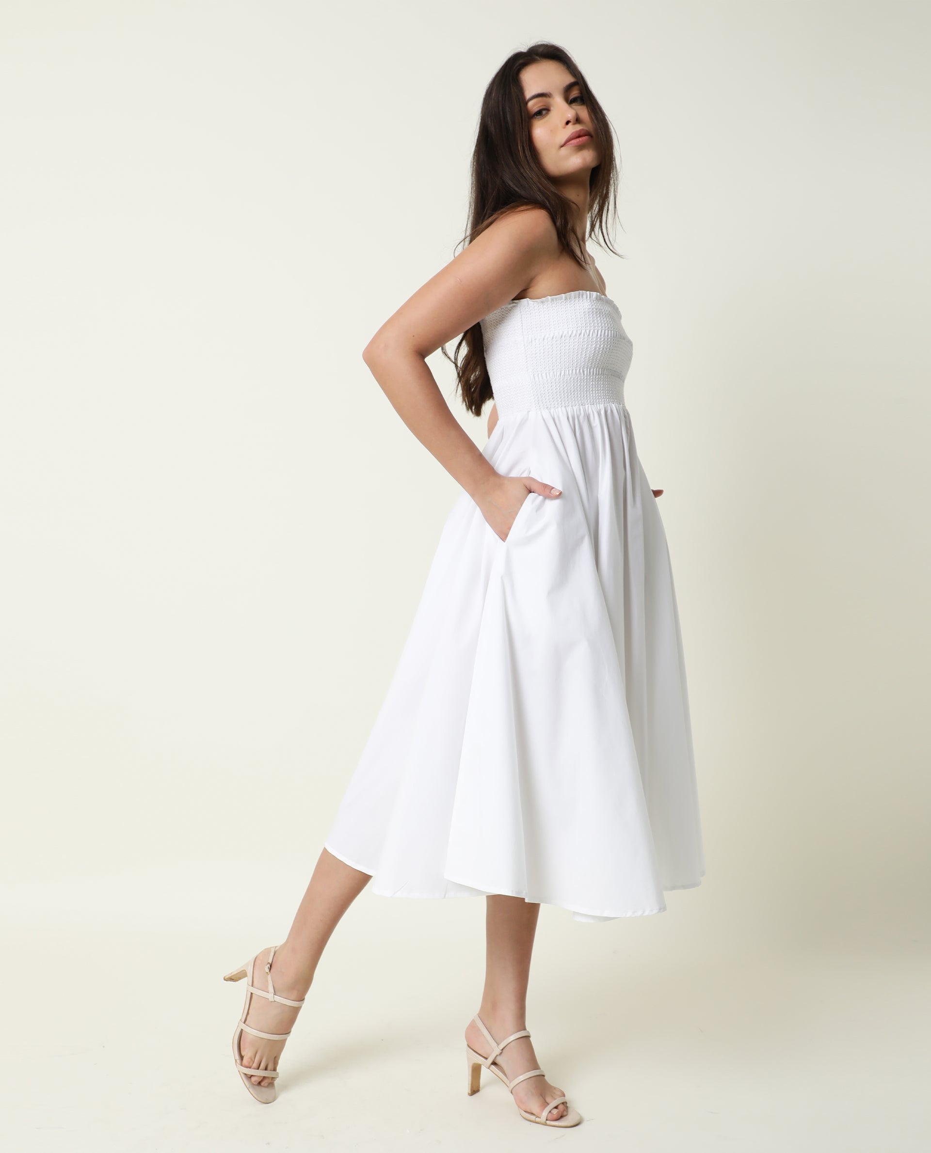 Rareism Womens Nola White Dress Cotton Lycra Fabric Regular Fit Sleeveless Tube Neck