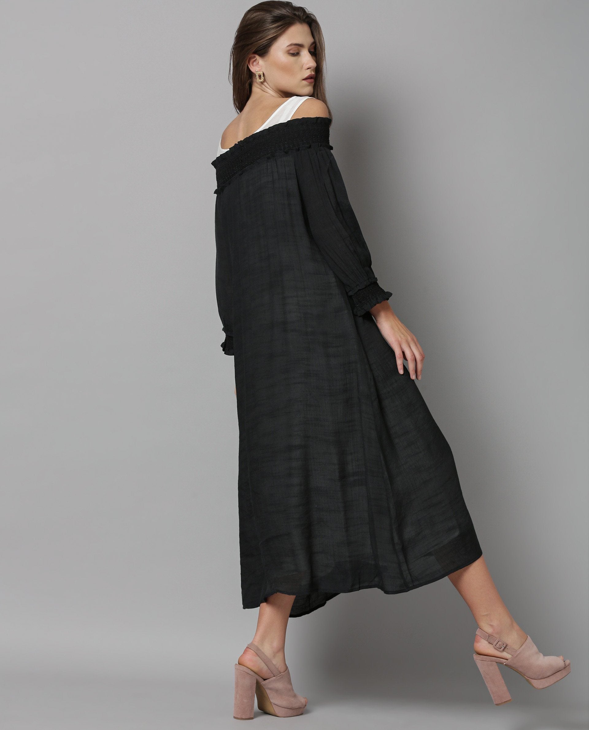 Rareism Women Amber Black Dress Short Sleeves