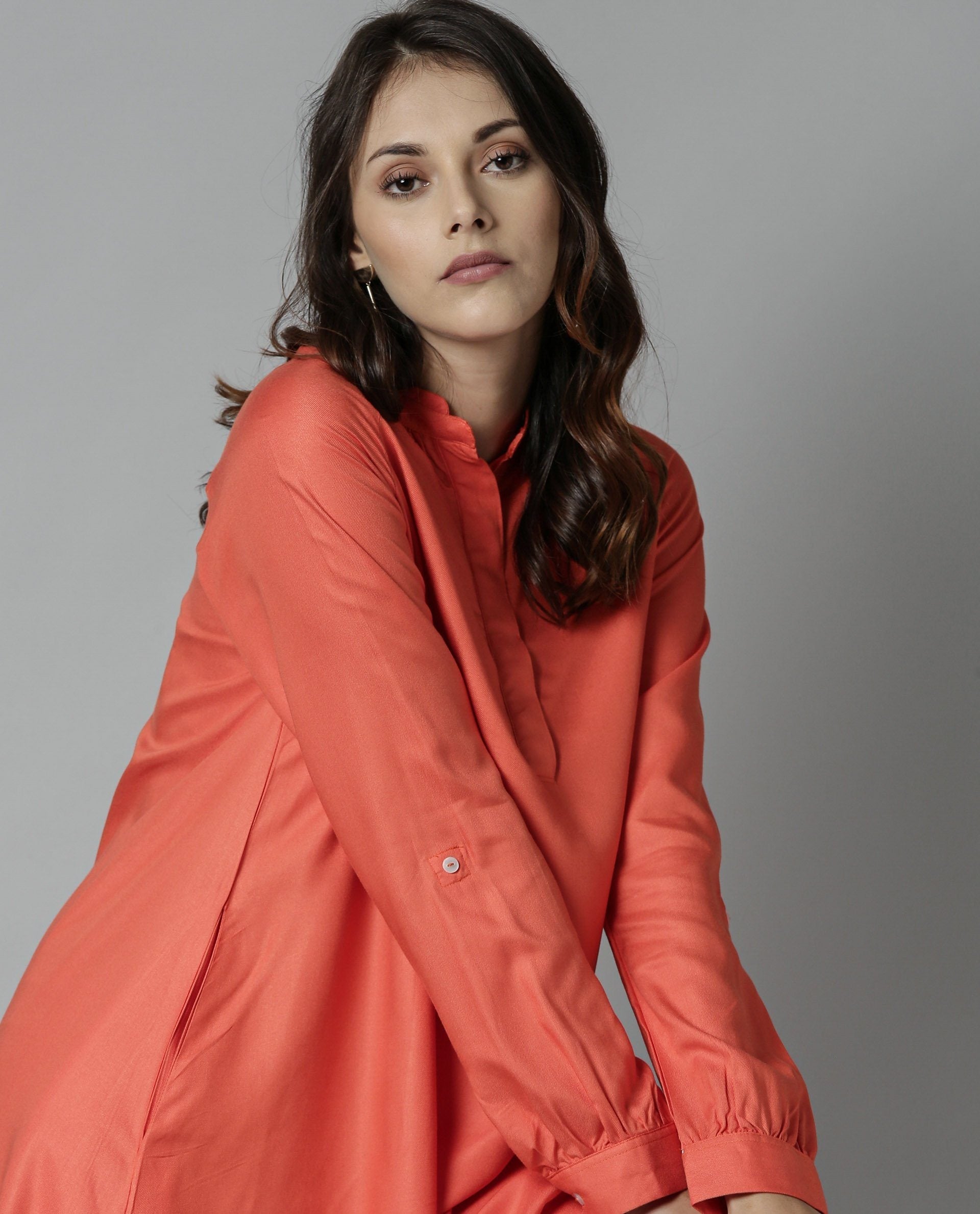 Rareism Women Salt Orange Dress Full Sleeves Solid