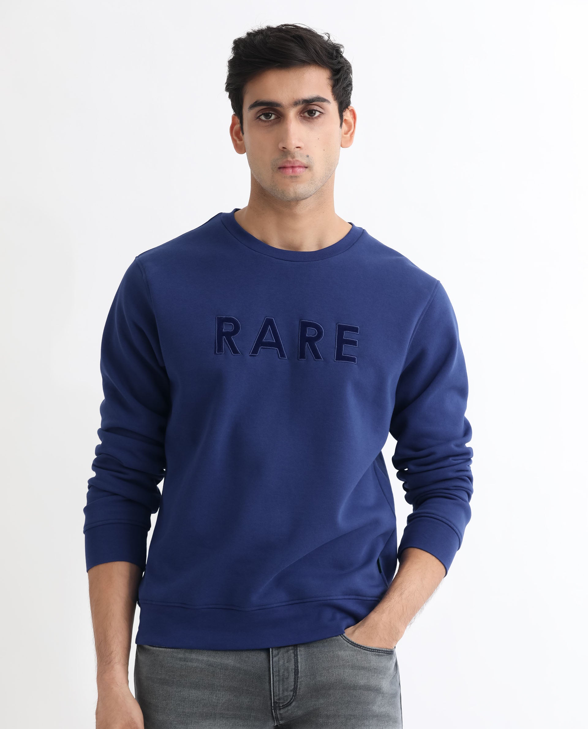 Rare Rabbit Men's Robbs Purple Cotton Polyester Full Sleeves Graphic Printed Logo Knitted Sweatshirt