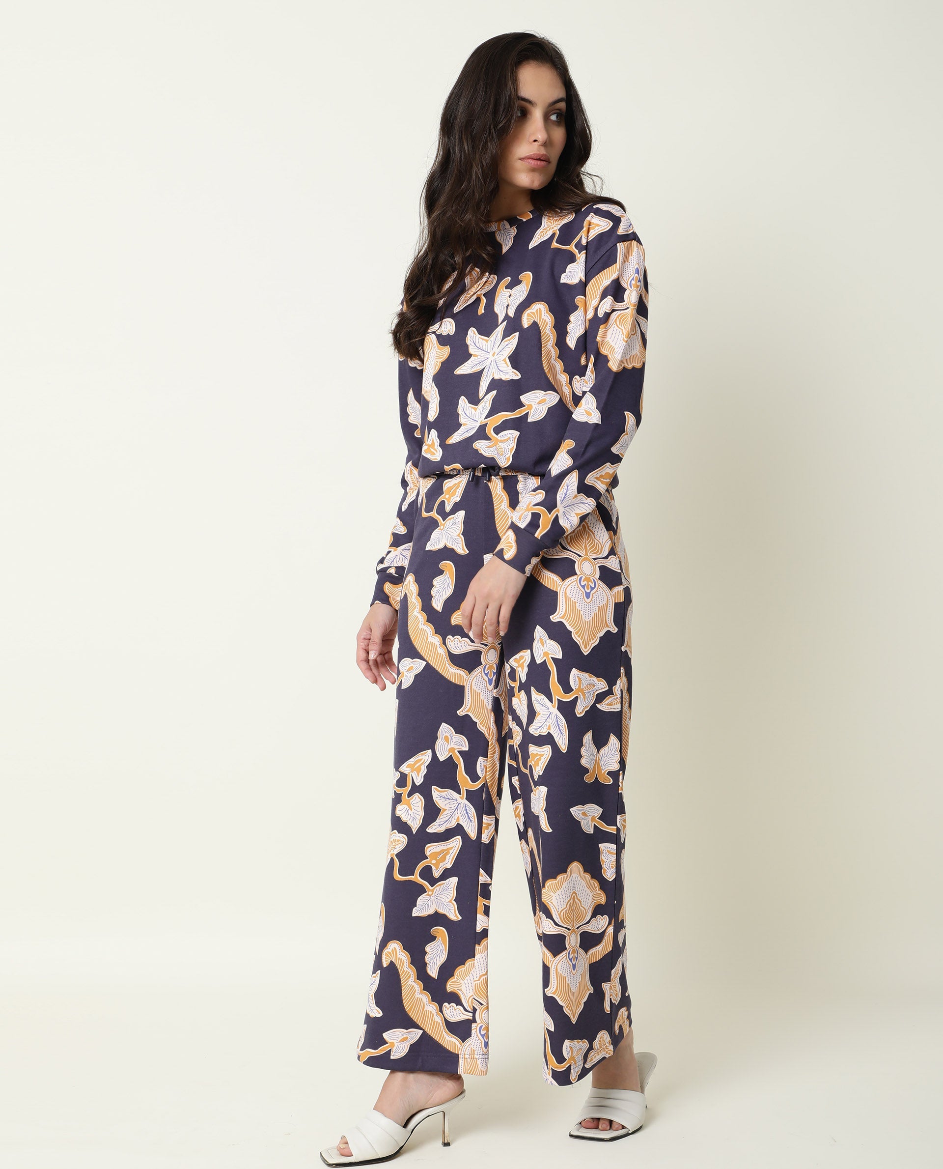 Rareism Women Bogota Navy Cotton Fabric Relaxed Fit Abstract Print Mid Rise Ankle Length Track Pant