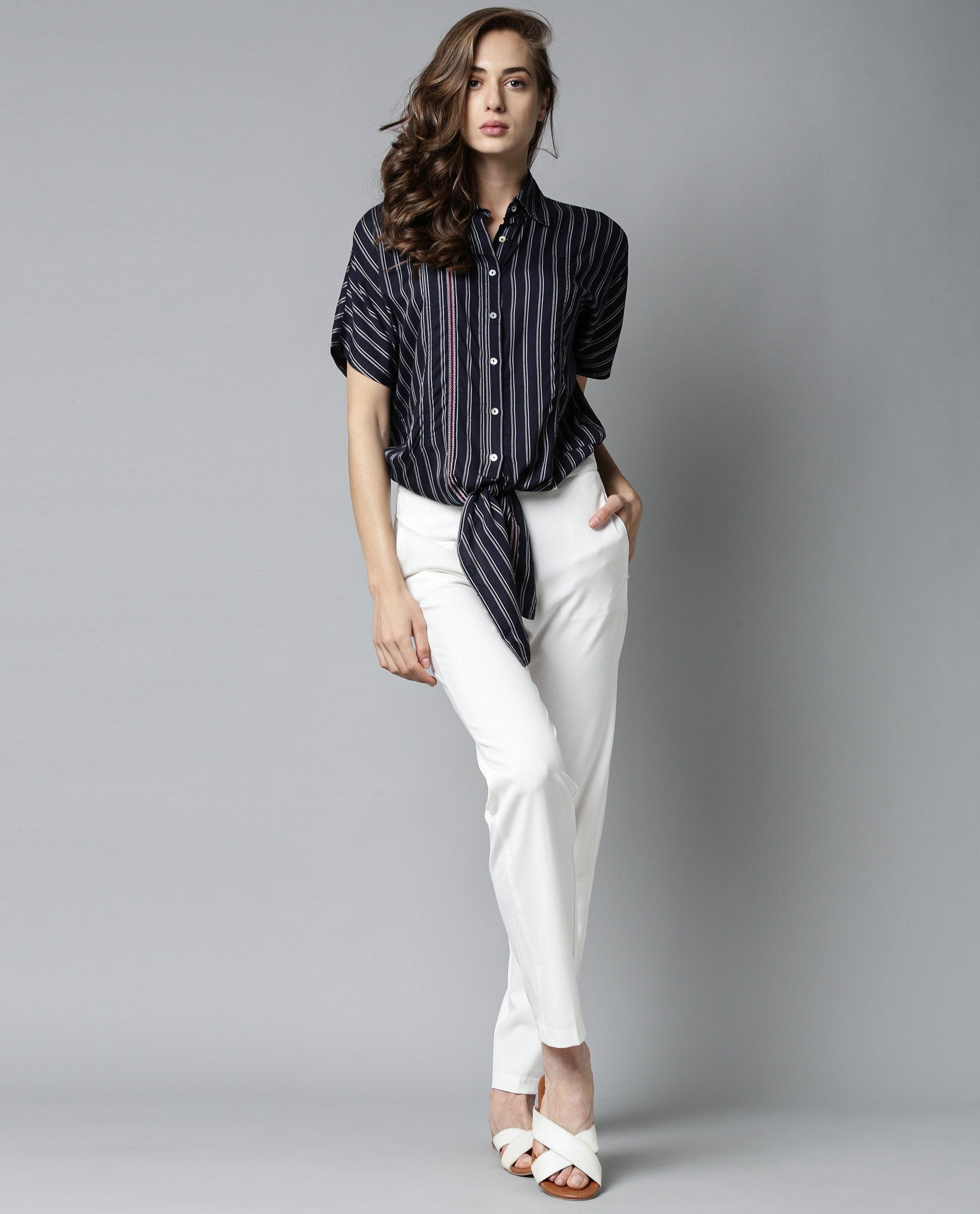 Rareism Womens Ciaga Navy Shirt Three Fourth Sleeve Band Collar