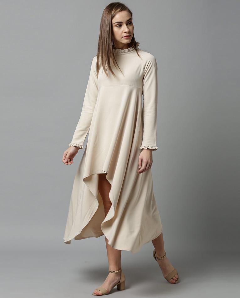 Rareism Women Concert Beige Dress Full Sleeves Solid