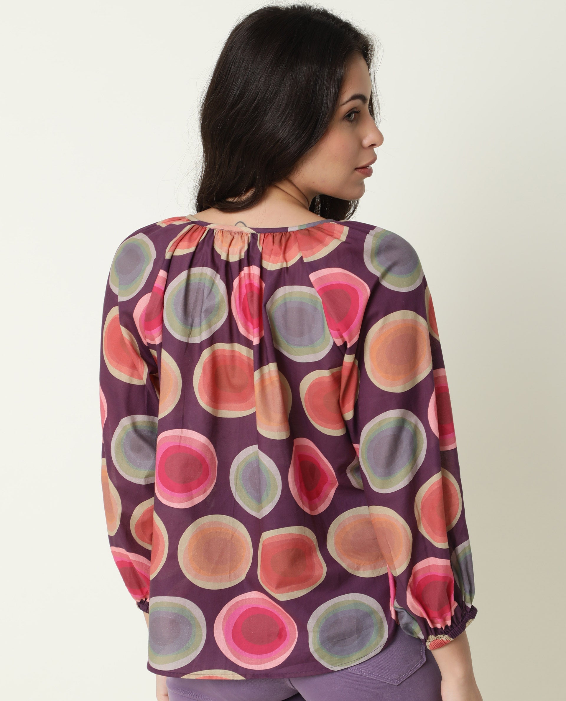 Rareism Women Orlie Purple Cotton Fabric Relaxed Fit Key Hole Neck 3/4Th Sleeves Geometric Print Top