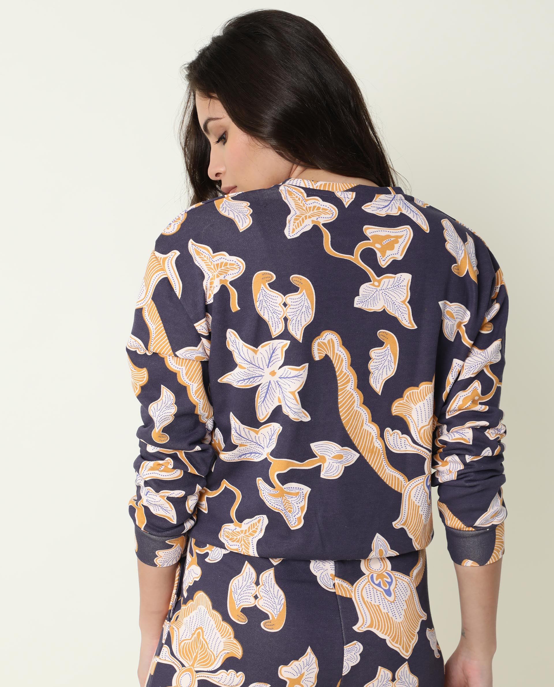 Rareism Women Denise Navy Cotton Fabric Relaxed Fit Full Sleeves Abstract Print Crew Neck Sweatshirt