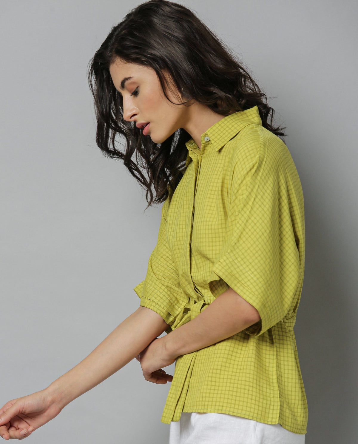 Rareism Women Dope Green Top Short Sleeves Checks