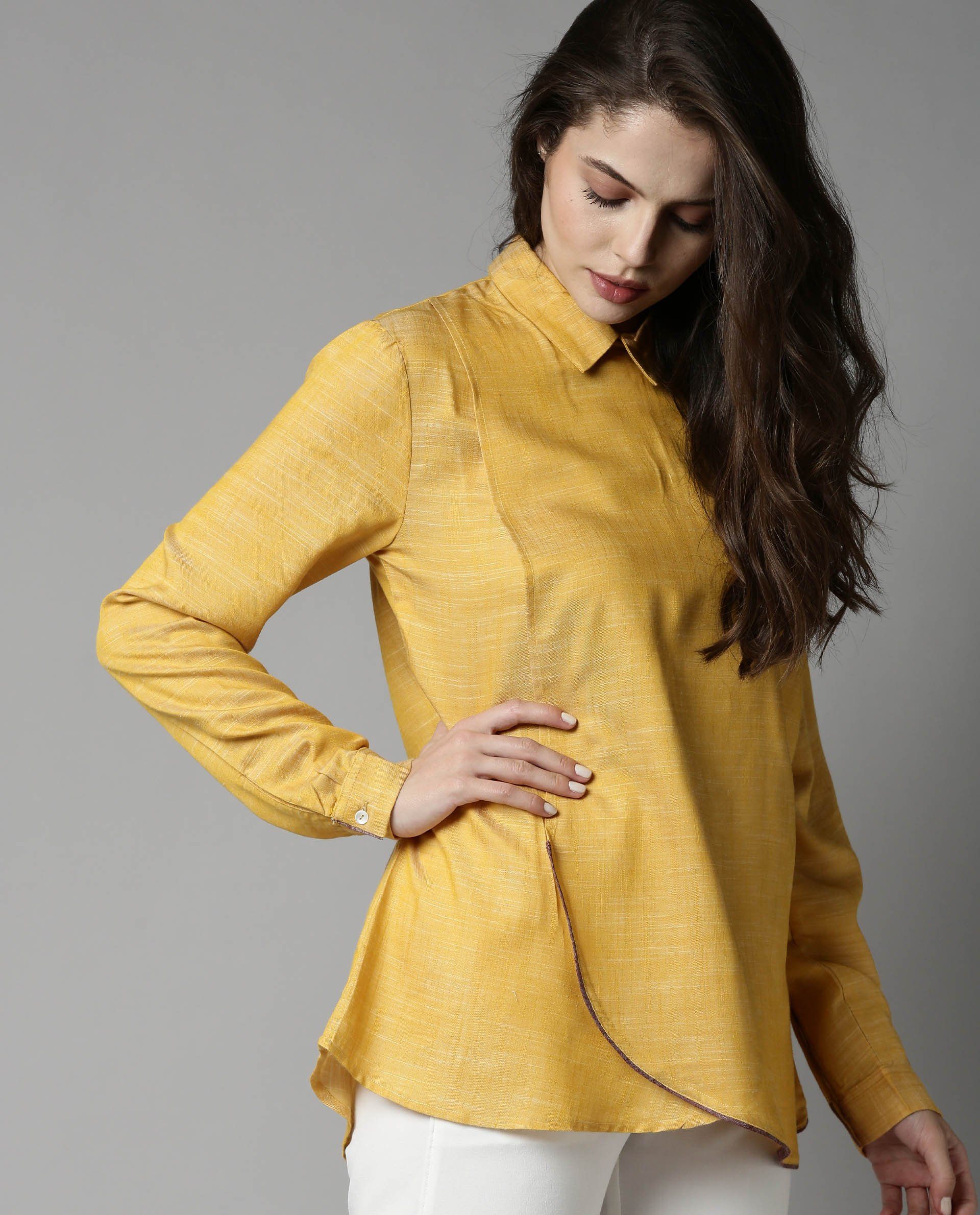 Rareism Womens Kara Yellow Top Polycotton Fabric Full Sleeves Collar Neck