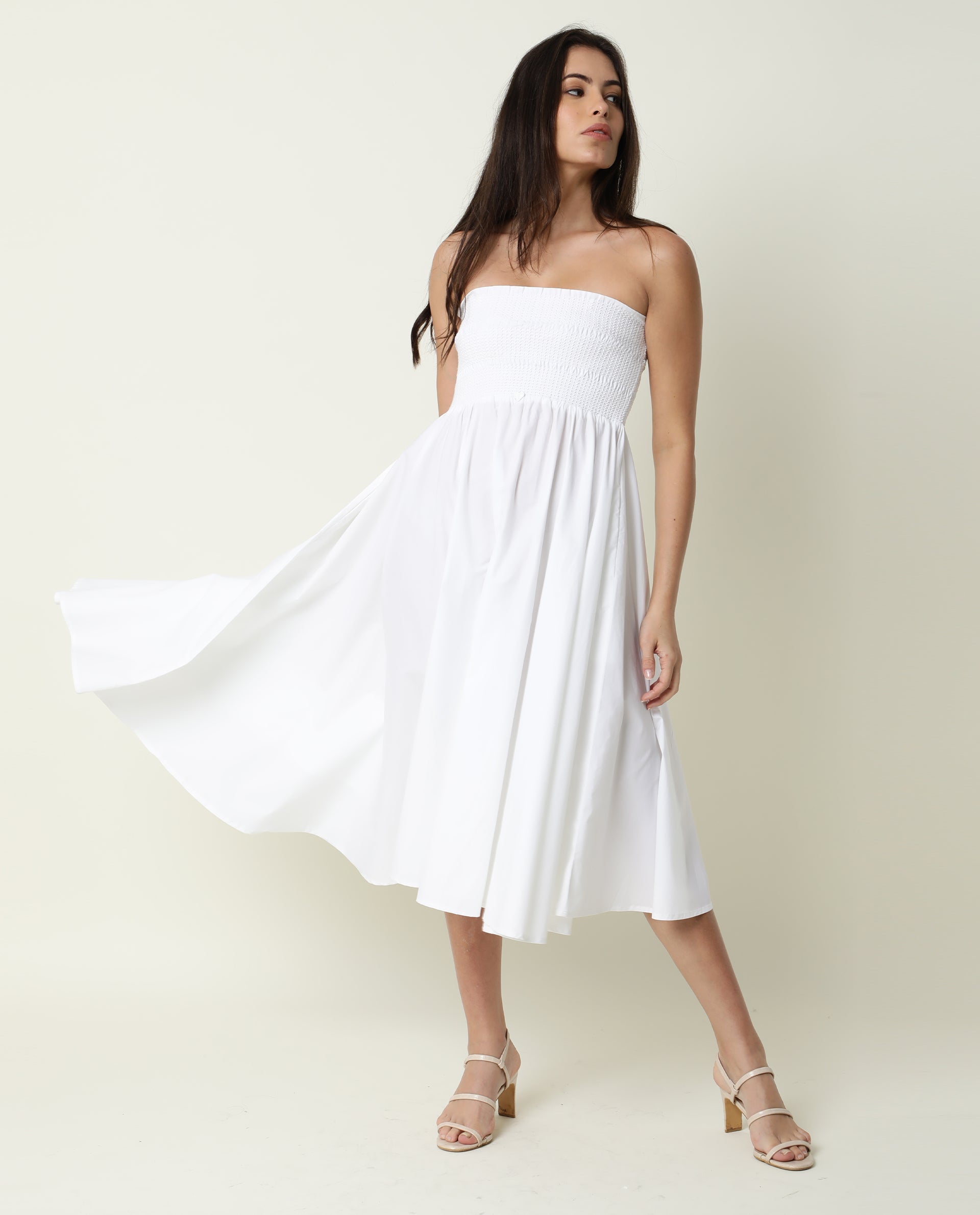 Rareism Womens Nola White Dress Cotton Lycra Fabric Regular Fit Sleeveless Tube Neck