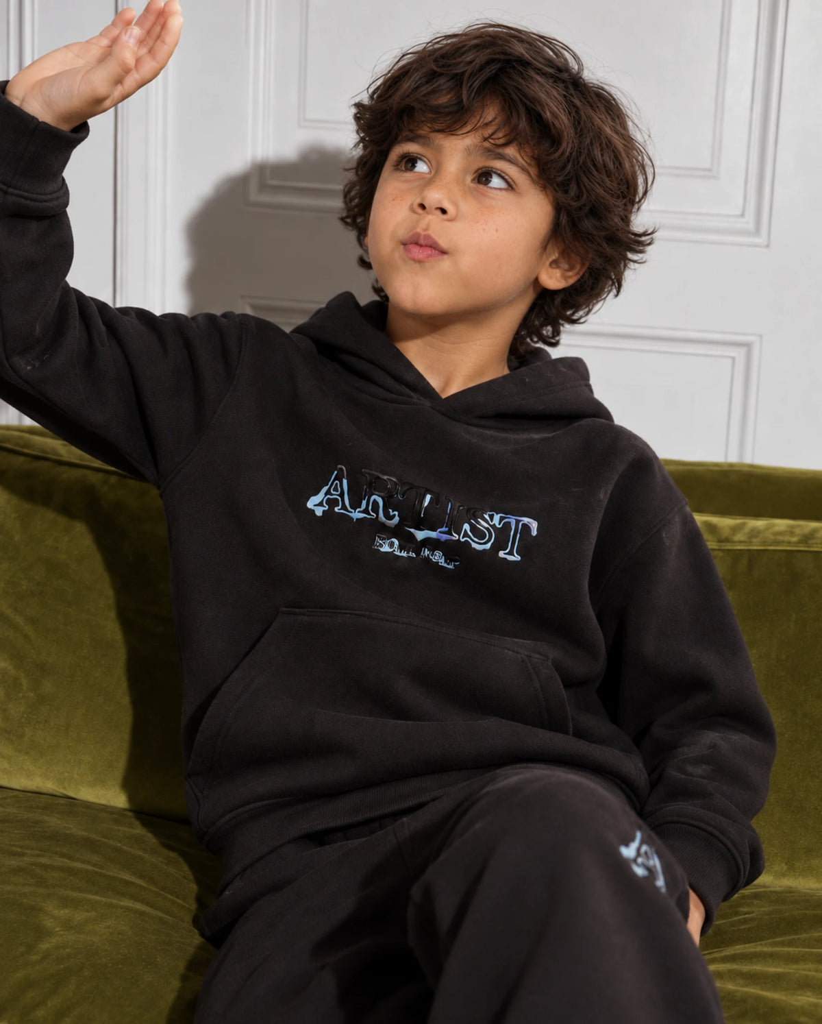 Rare Ones Kids Blane Black Cotton Blend Fabric Hooded Pull-On Closure Oversized Fit Flock Print Sweatshirt