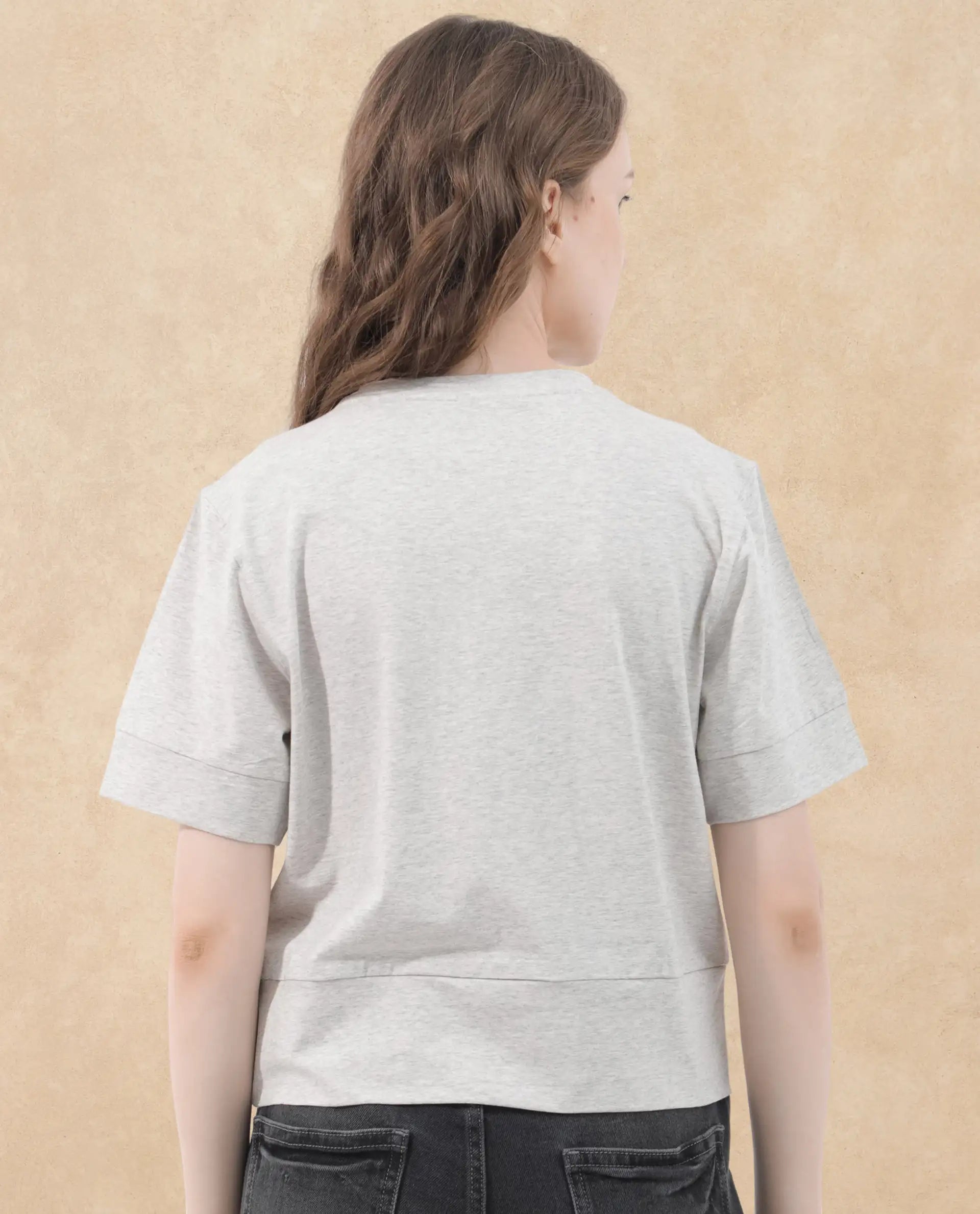 Rareism Women Runo Melange Grey Cotton Elastane Fabric Crew Neck Knit Solid T-Shirt