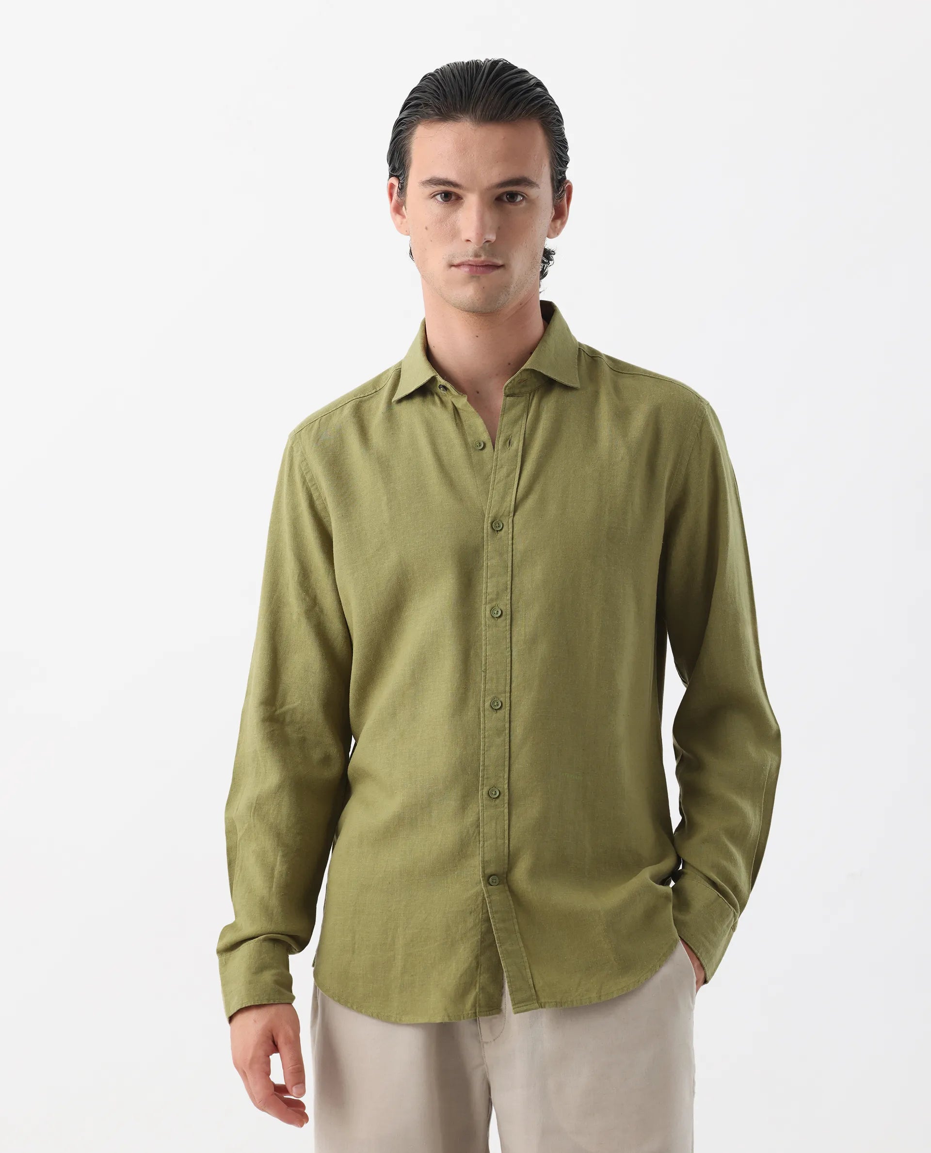 Rare Rabbit Men's Genova Green 100% Linen Regular Fit Full Sleeve Cutaway Collar Shirt