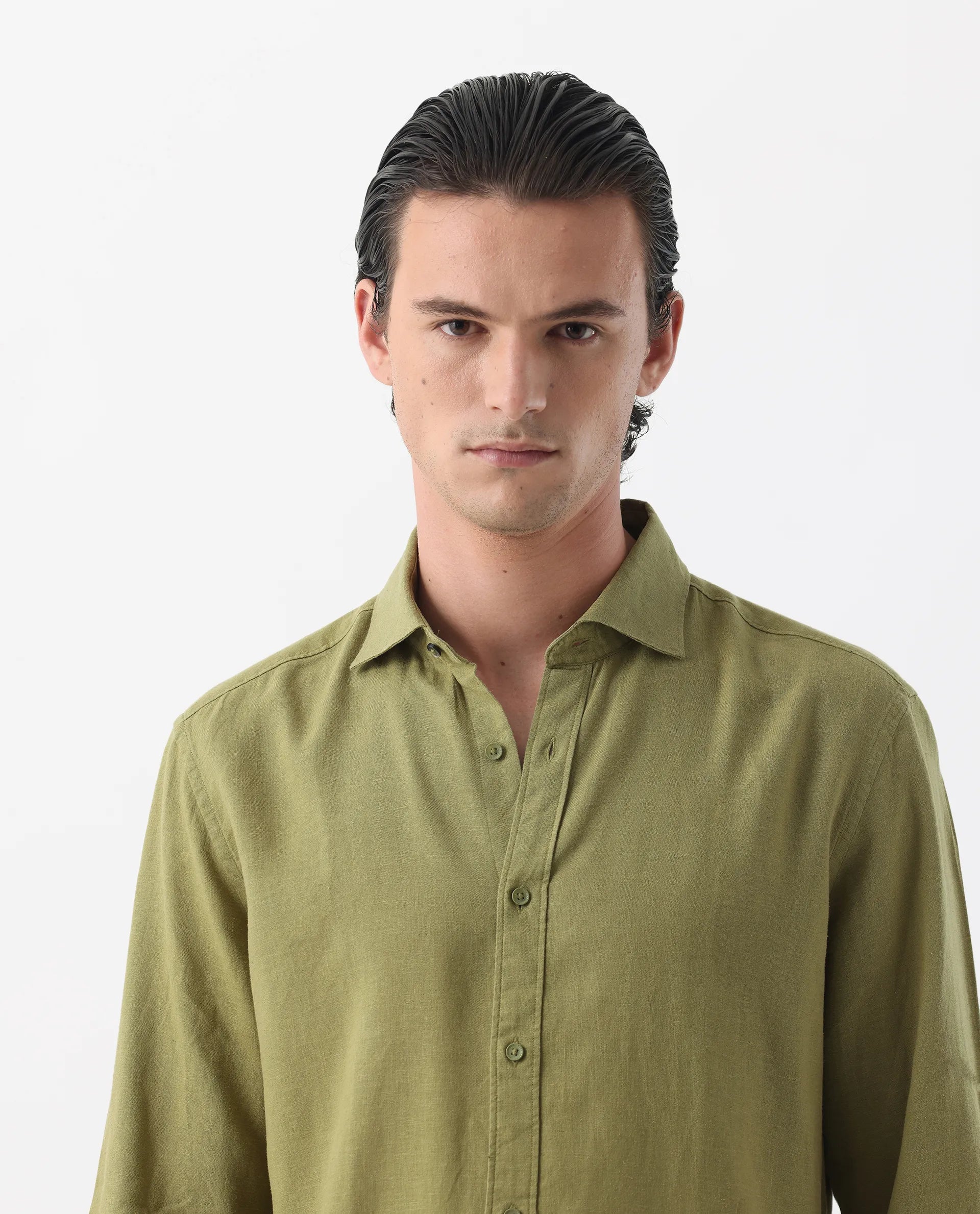 Rare Rabbit Men's Genova Green 100% Linen Regular Fit Full Sleeve Cutaway Collar Shirt