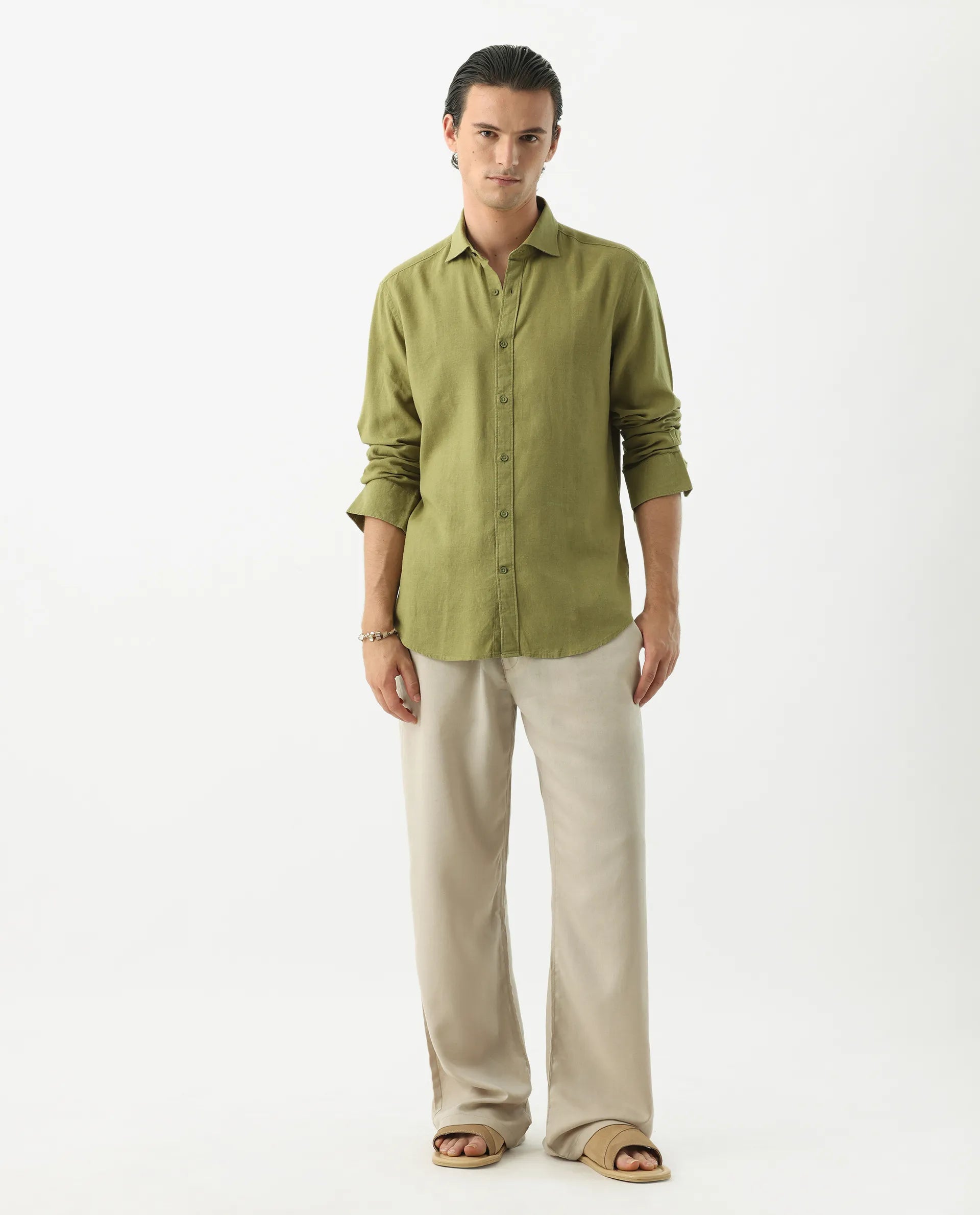 Rare Rabbit Men's Genova Green 100% Linen Regular Fit Full Sleeve Cutaway Collar Shirt