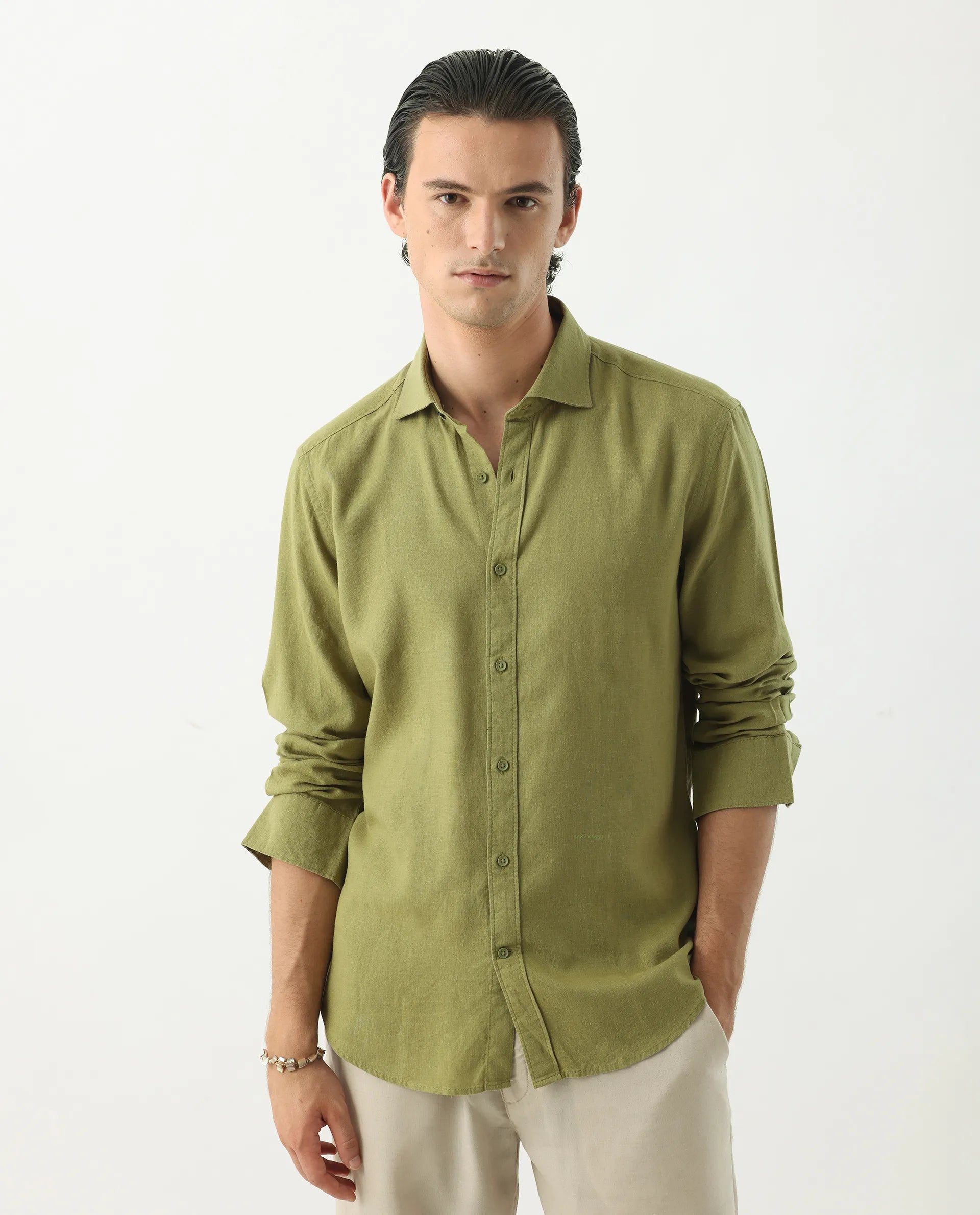 Rare Rabbit Men's Genova Green 100% Linen Regular Fit Full Sleeve Cutaway Collar Shirt