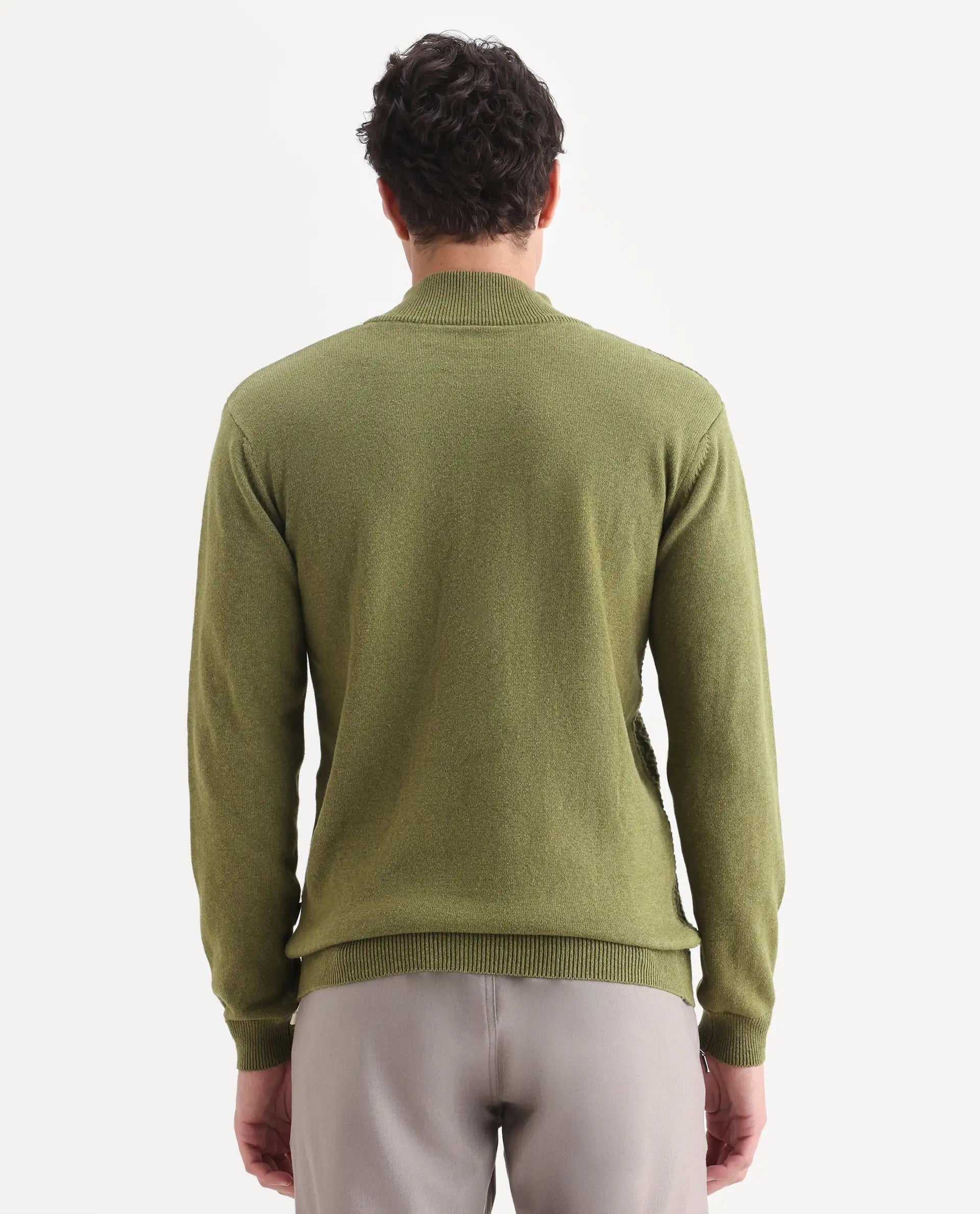 Rare Rabbit Men's Jacky Green Cotton Jacquard Regular Fit Full Sleeve High Neck Sweater