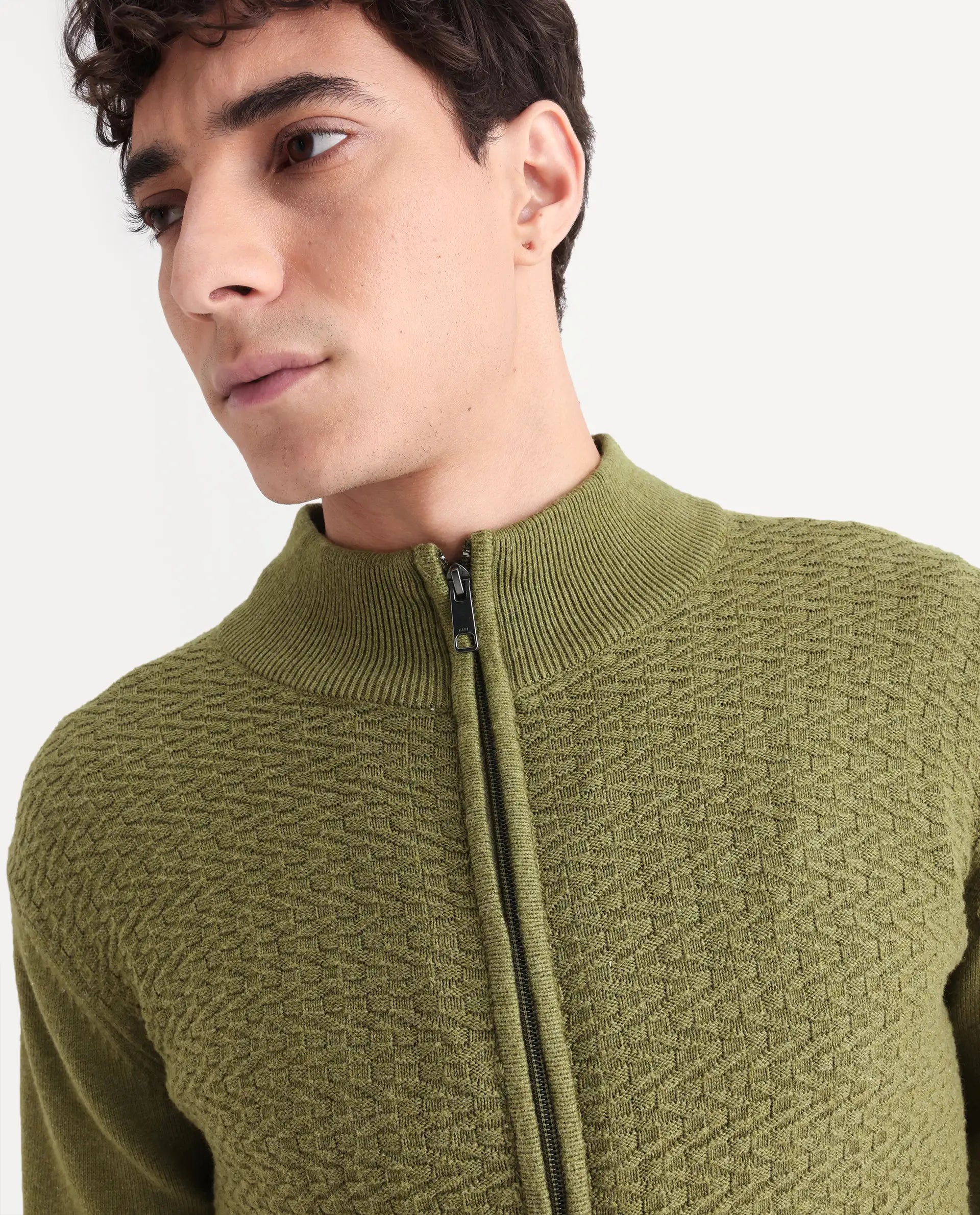 Rare Rabbit Men's Jacky Green Cotton Jacquard Regular Fit Full Sleeve High Neck Sweater