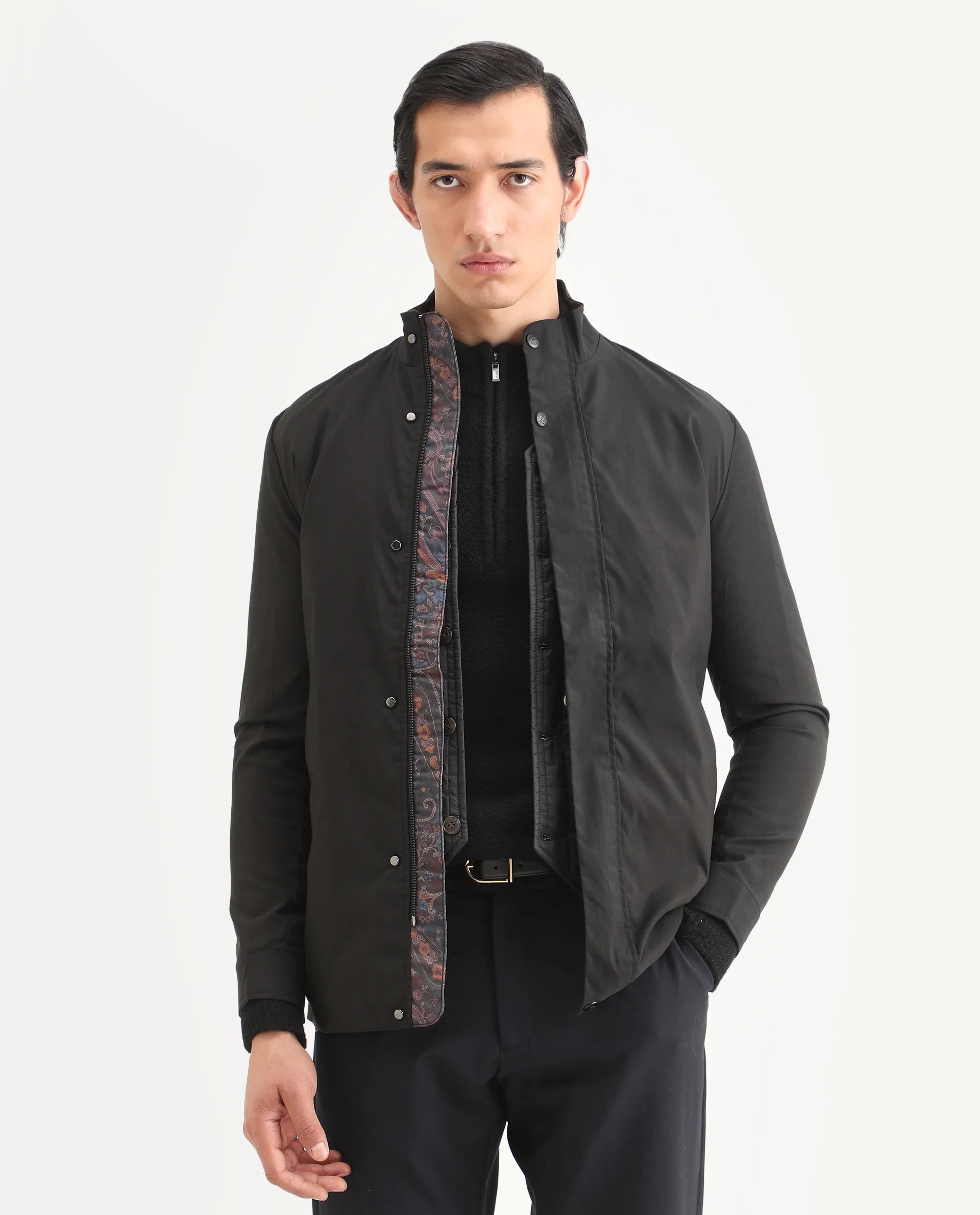 Rare Rabbit Men's Berry Black Polyester Plain Regular Fit Full Sleeve High Neck Jacket