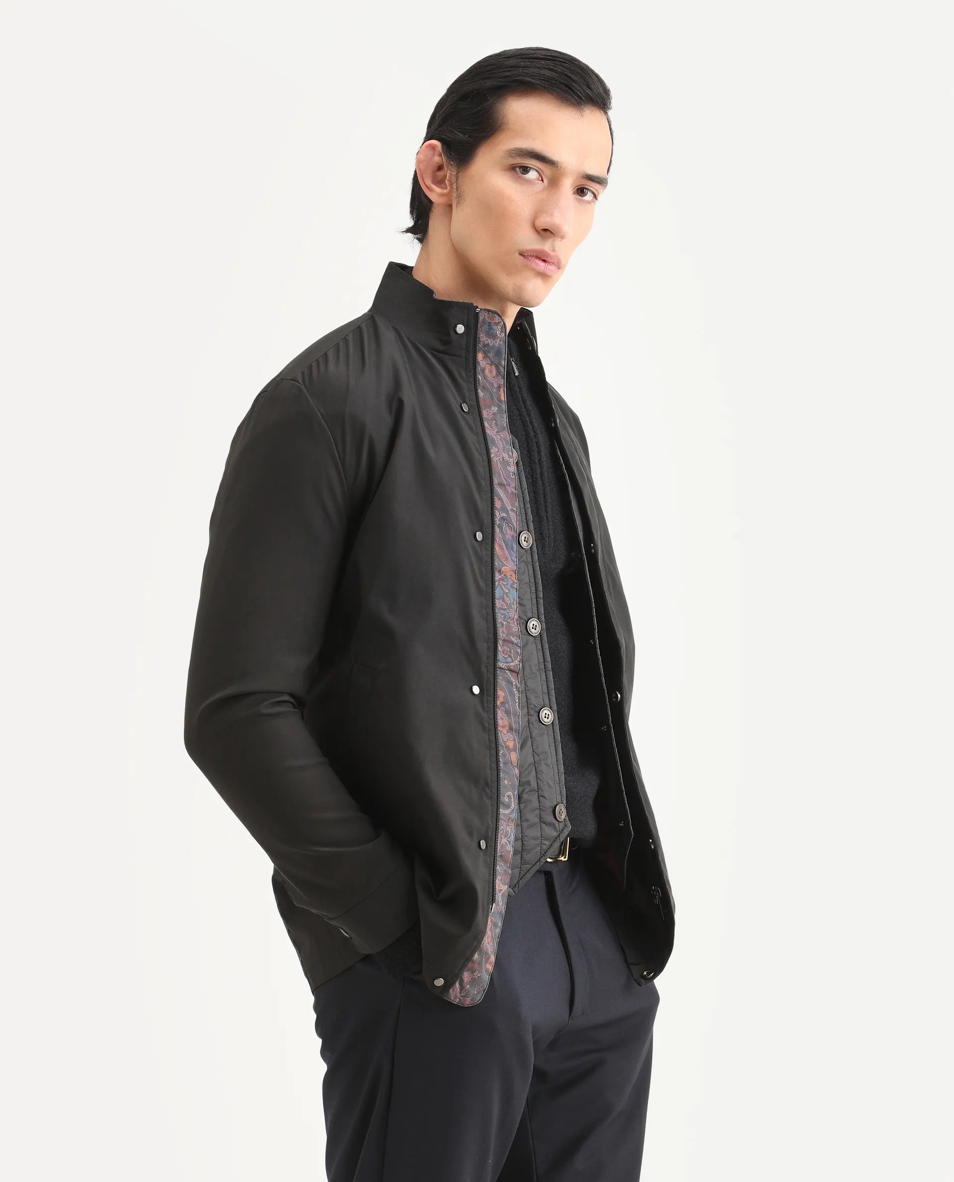 Rare Rabbit Men's Berry Black Polyester Plain Regular Fit Full Sleeve High Neck Jacket