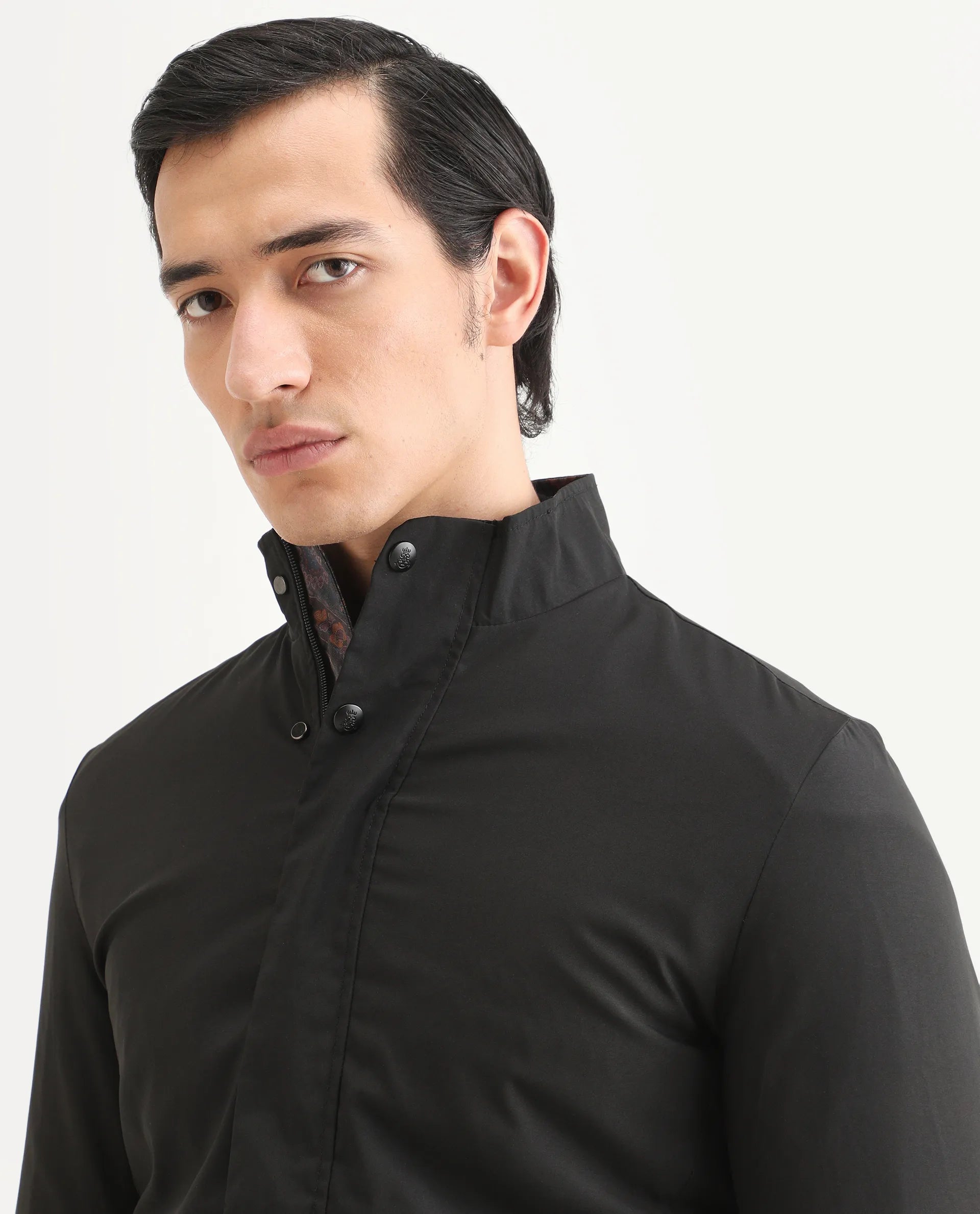 Rare Rabbit Men's Berry Black Polyester Plain Regular Fit Full Sleeve High Neck Jacket