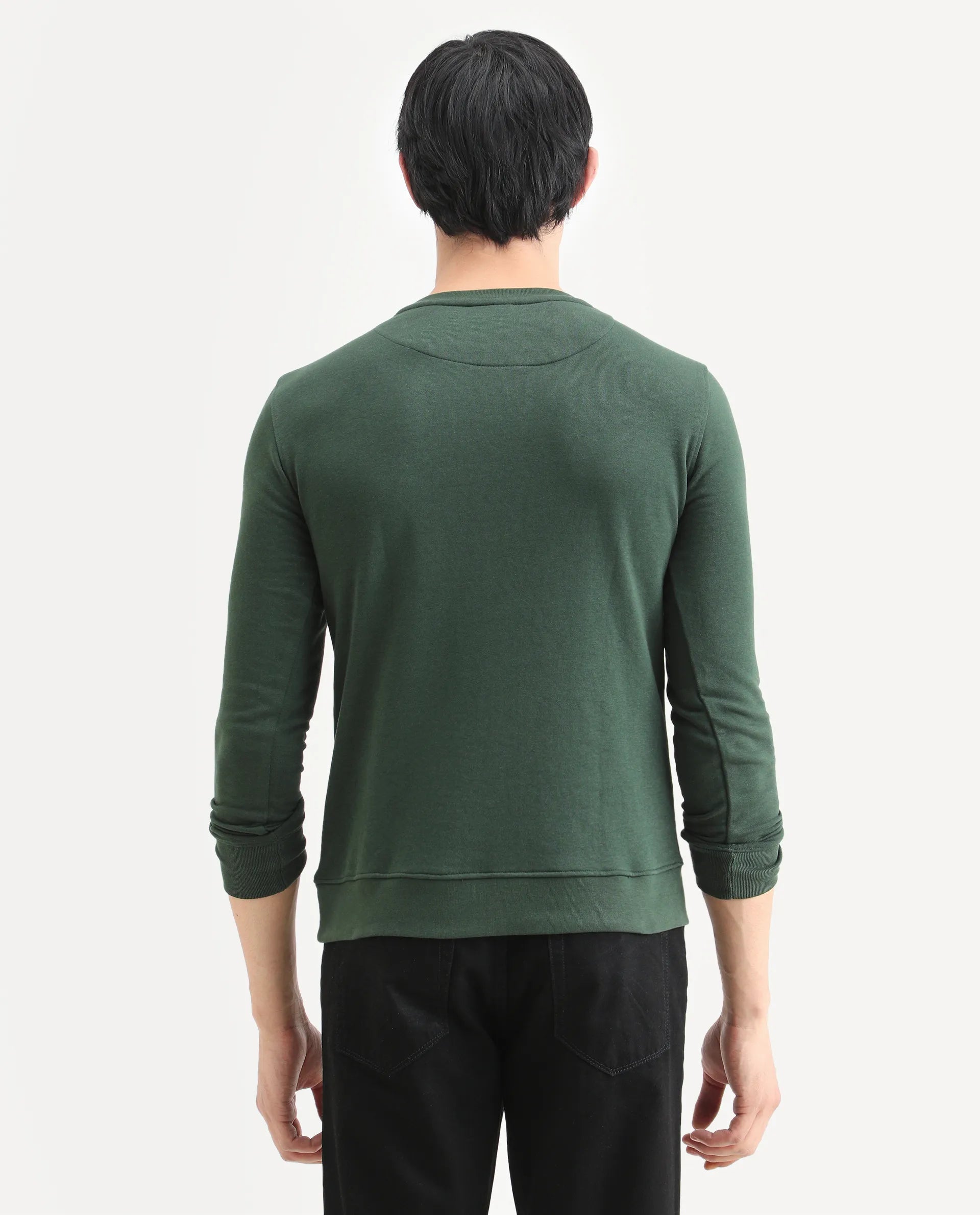 Rare Rabbit Men's Chara Green Cotton Plain Regular Fit Full Sleeve Crew Neck Sweatshirt