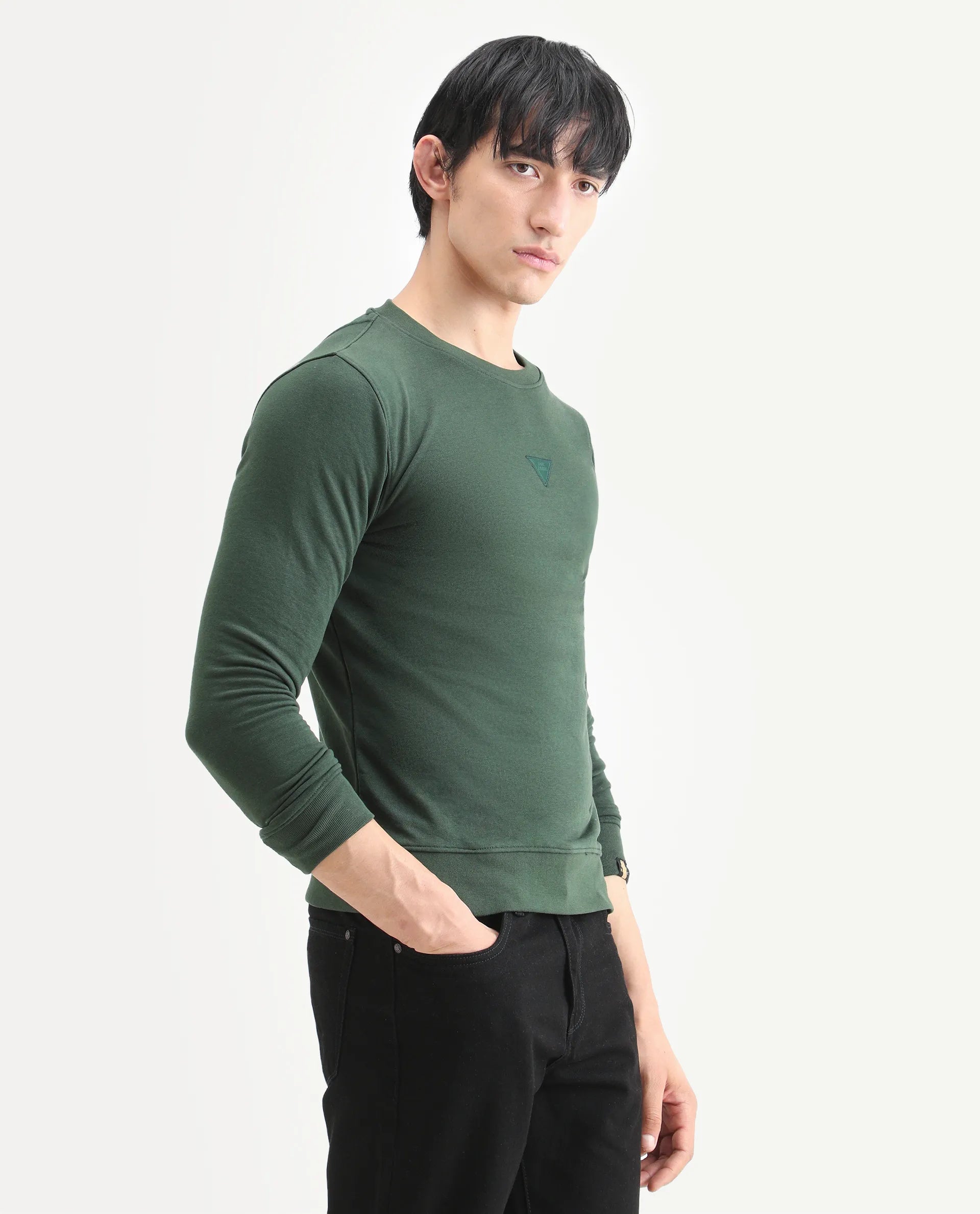 Rare Rabbit Men's Chara Green Cotton Plain Regular Fit Full Sleeve Crew Neck Sweatshirt