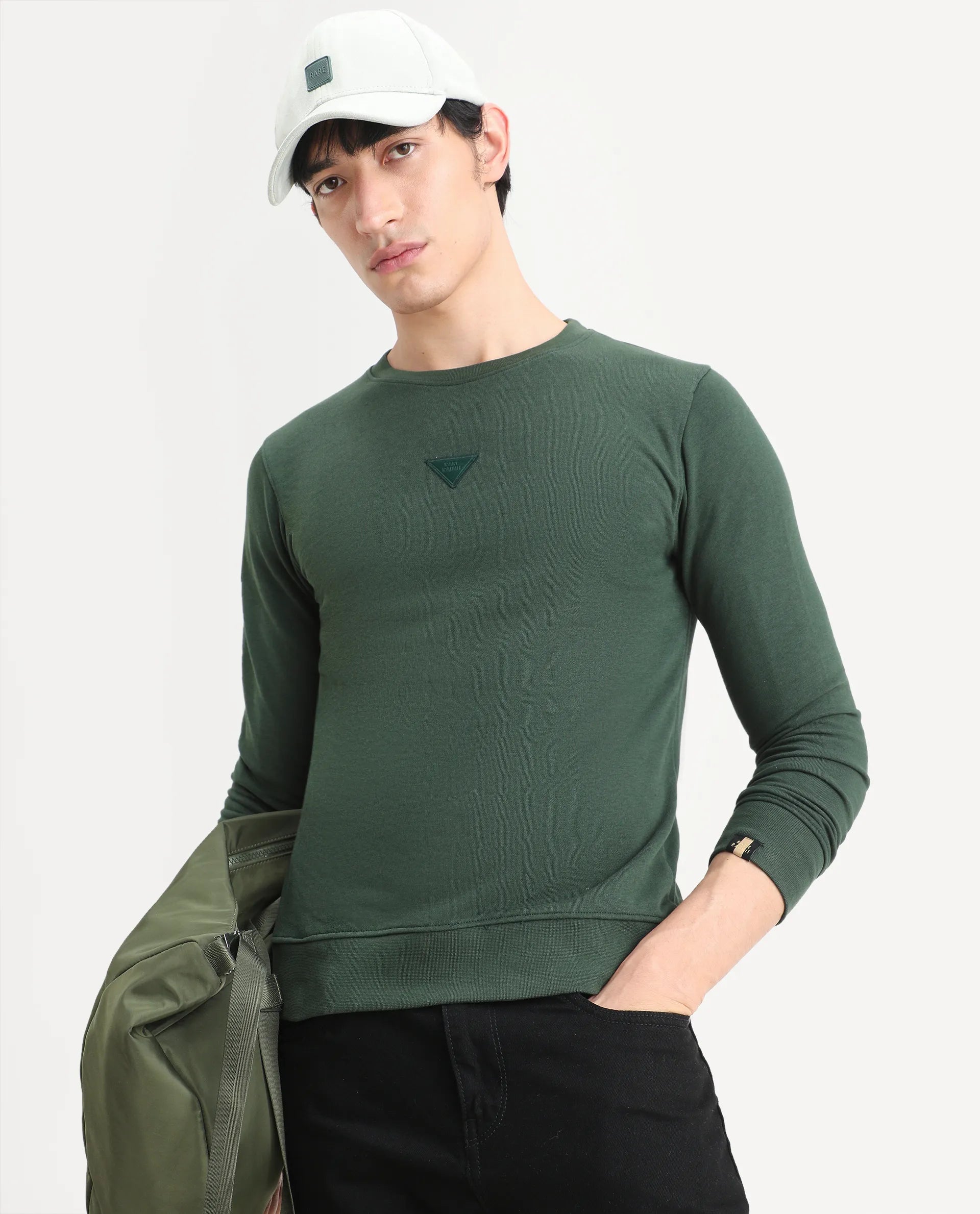 Rare Rabbit Men's Chara Green Cotton Plain Regular Fit Full Sleeve Crew Neck Sweatshirt