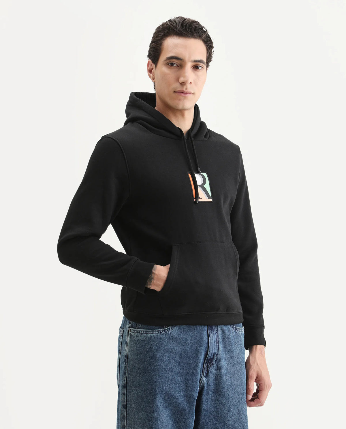 Rare Rabbit Men's Rouyza Black Cotton Graphic Print Slim Fit Full Sleeve Hooded Sweatshirt