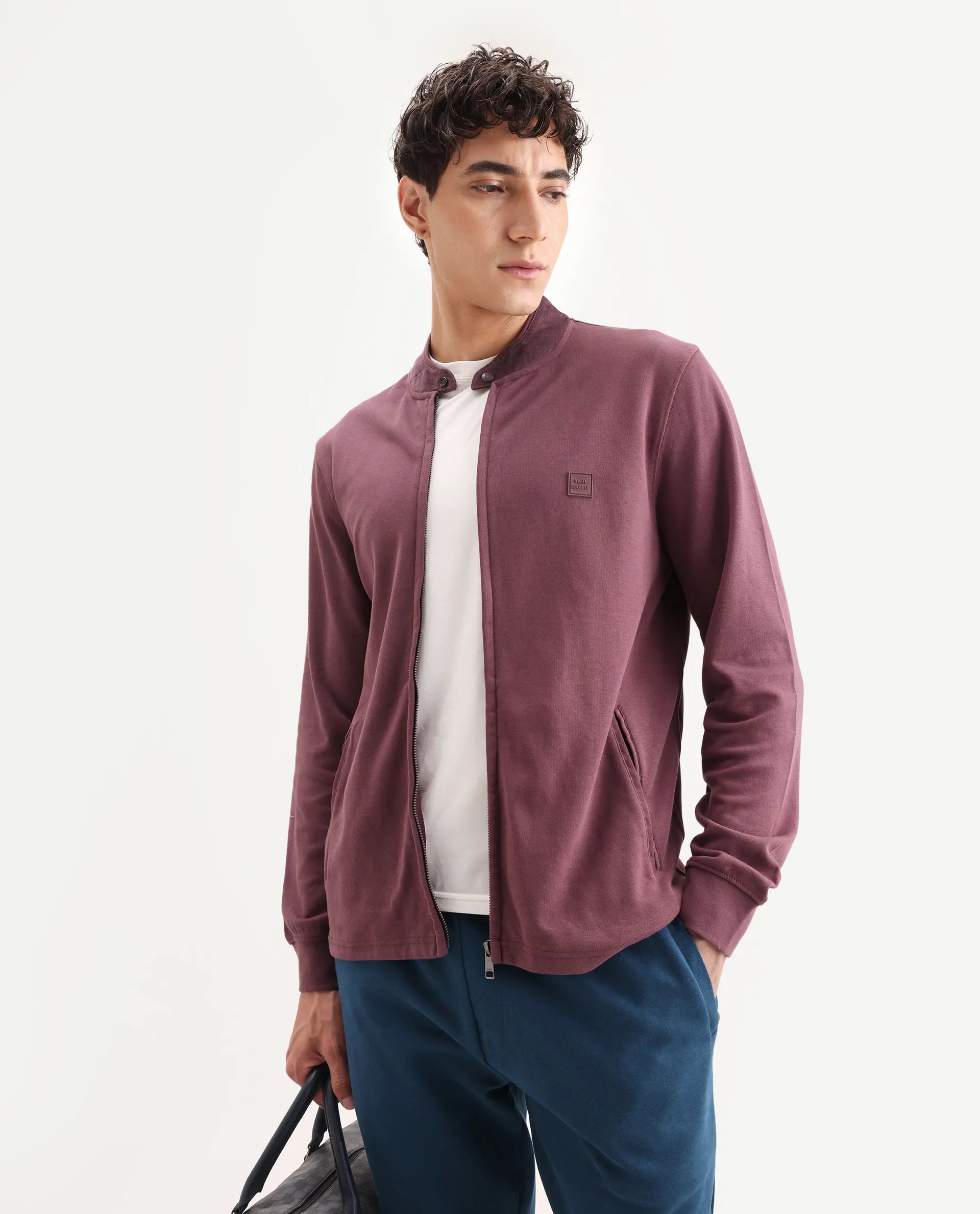 Rare Rabbit Men's Morris Maroon Cotton Plain Regular Fit Full Sleeve Mandarin Collar Jacket