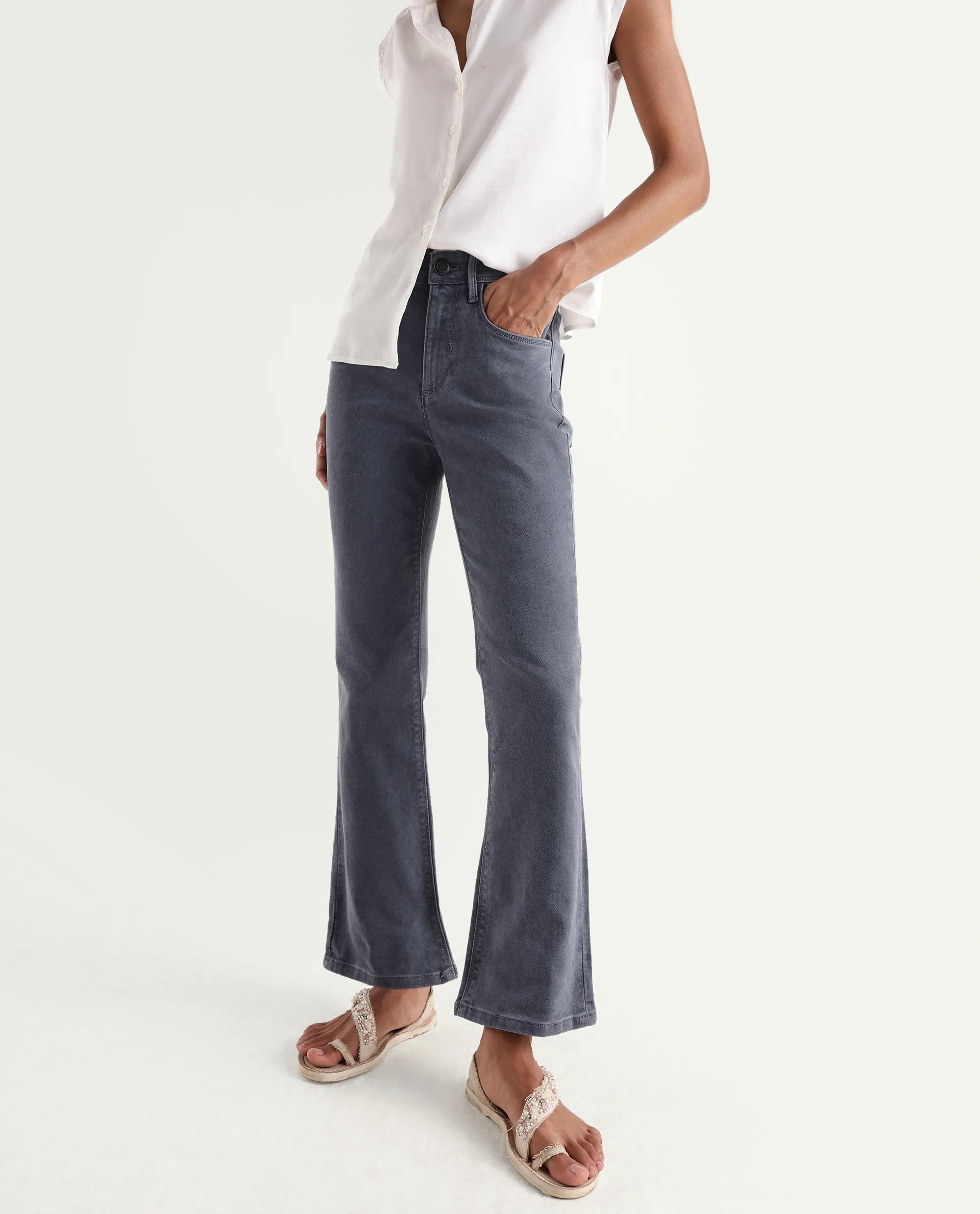 Rareism Women's Booter Grey Cotton Blend Plain Ankle Length CLASSIC BOOTCUT Jeans