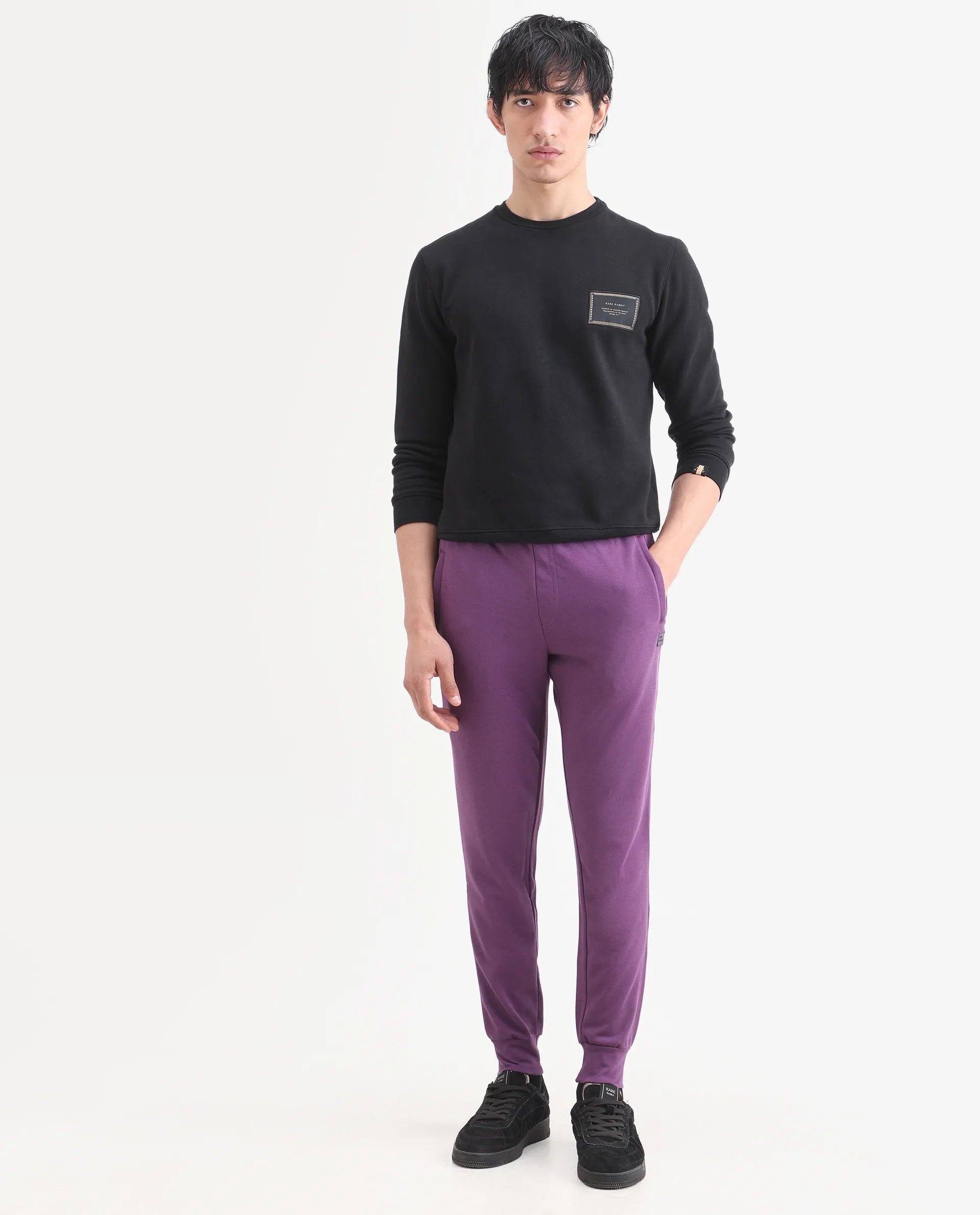 Rare Rabbit Men's Arvon Purple Cotton Plain Regular Fit Track Pant
