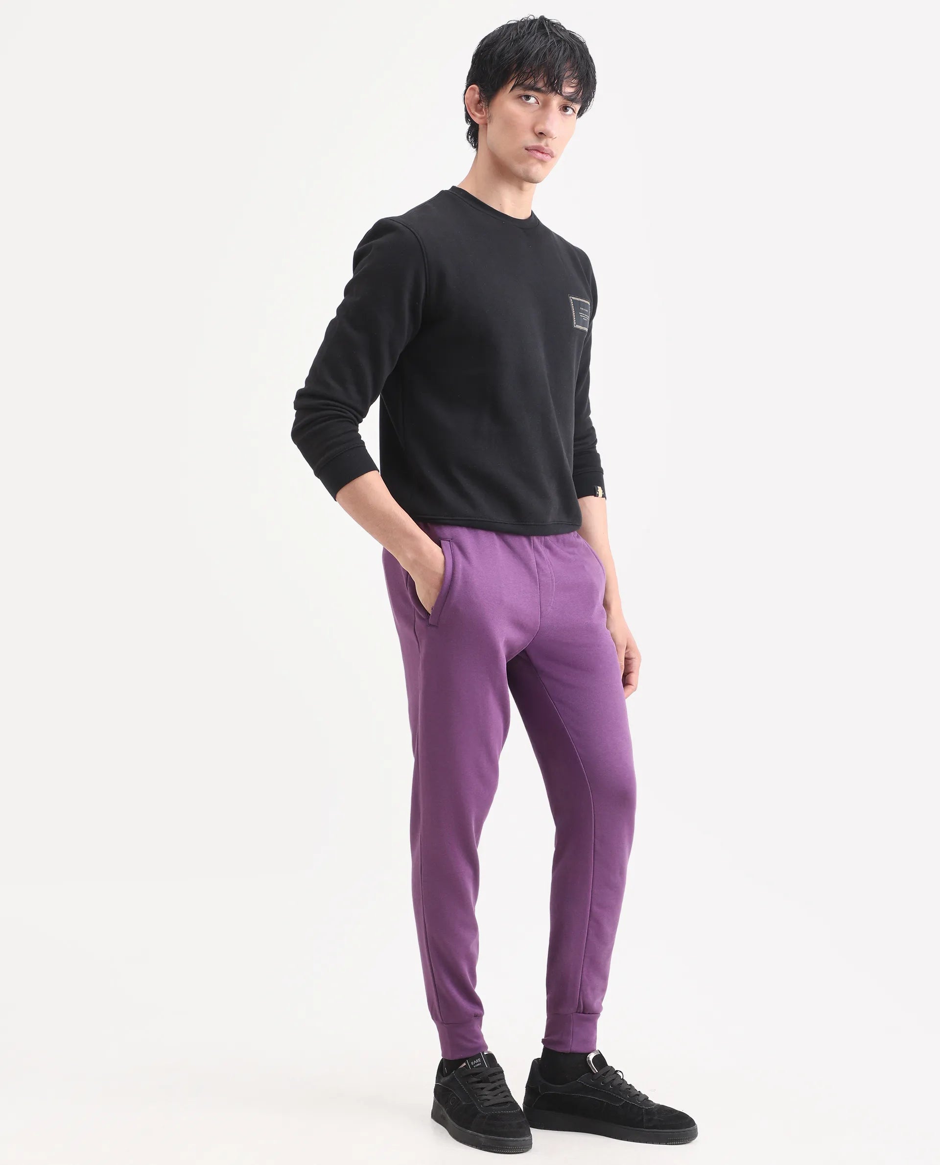 Rare Rabbit Men's Arvon Purple Cotton Plain Regular Fit Track Pant