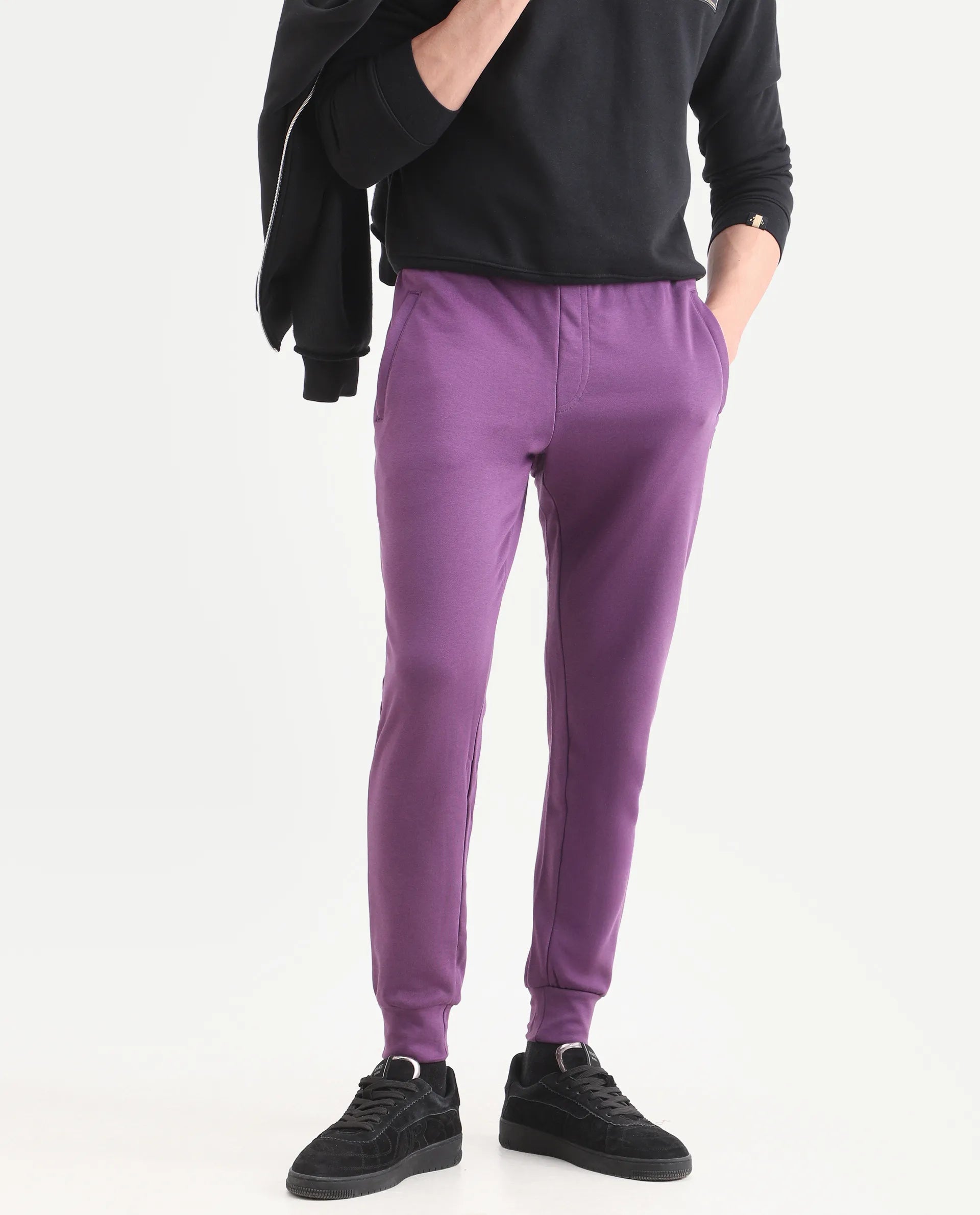Rare Rabbit Men's Arvon Purple Cotton Plain Regular Fit Track Pant