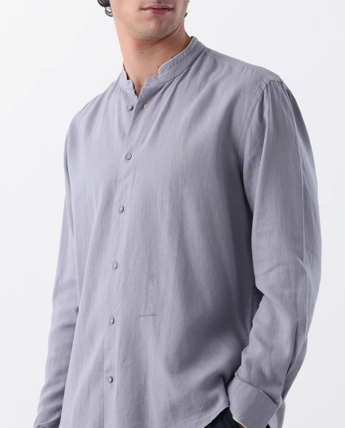 Rare Rabbit Men's Manderin Purple Linen Blend Plain Regular Fit Full Sleeve Mandarin Collar Shirt