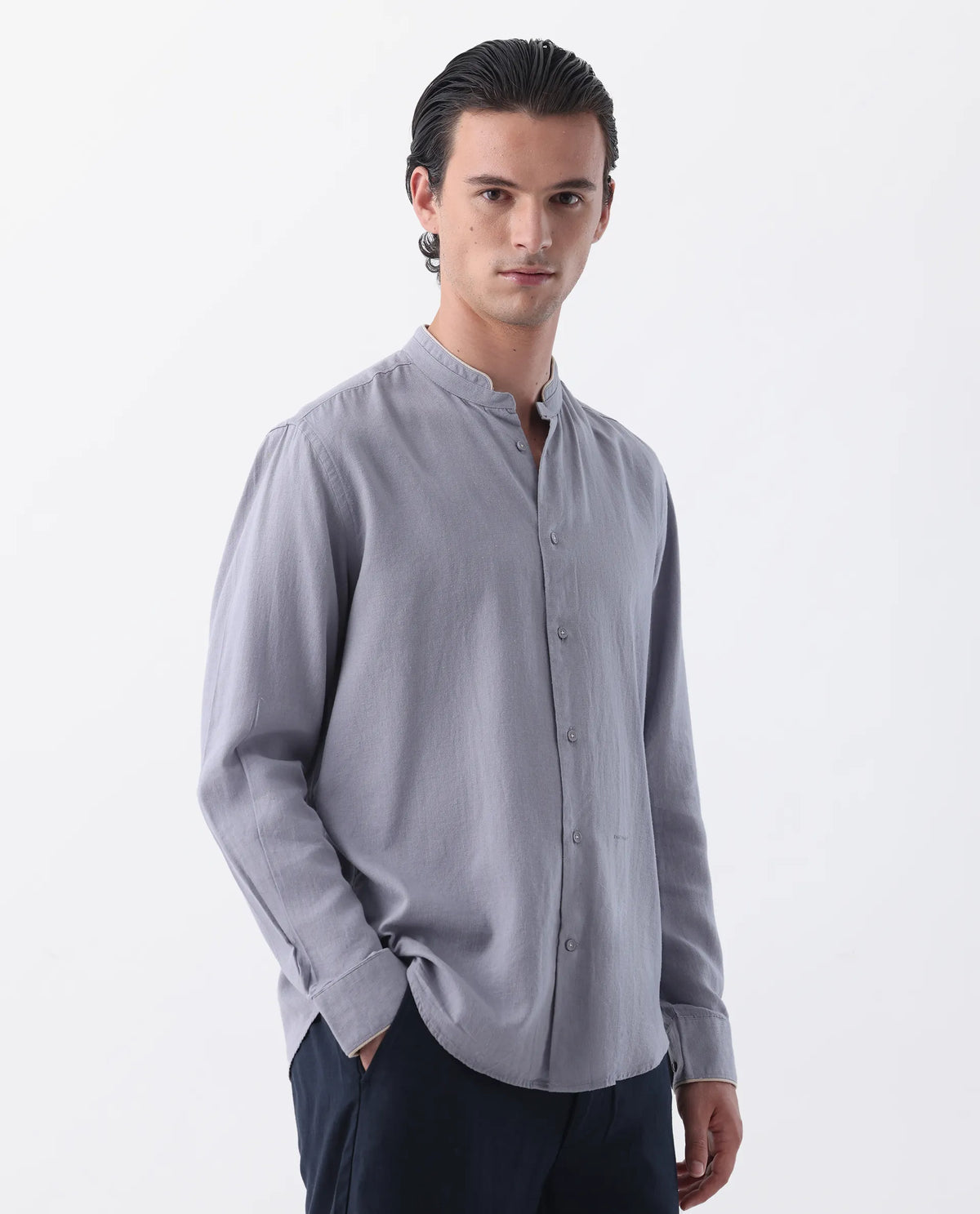 Rare Rabbit Men's Manderin Purple Linen Blend Plain Regular Fit Full Sleeve Mandarin Collar Shirt
