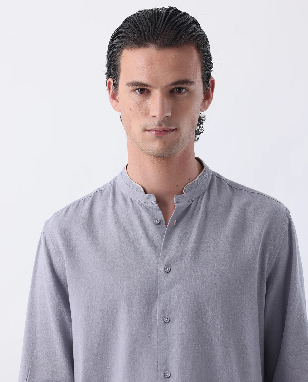 Rare Rabbit Men's Manderin Purple Linen Blend Plain Regular Fit Full Sleeve Mandarin Collar Shirt