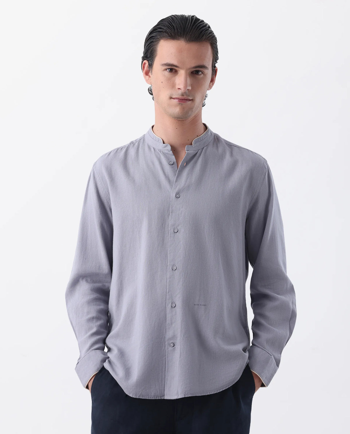 Rare Rabbit Men's Manderin Purple Linen Blend Plain Regular Fit Full Sleeve Mandarin Collar Shirt