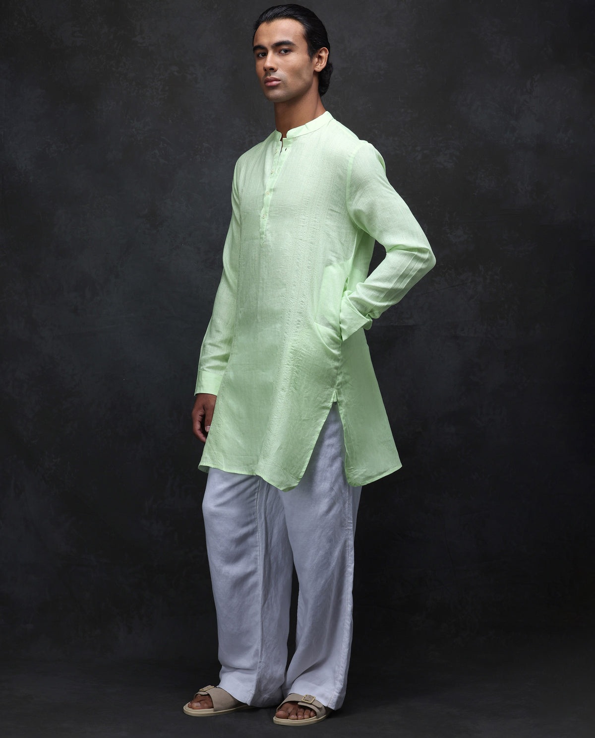 Rare Rabbit Men's President Lime 100% Linen Plain Regular Fit Full Sleeve Mandarin Collar Kurta