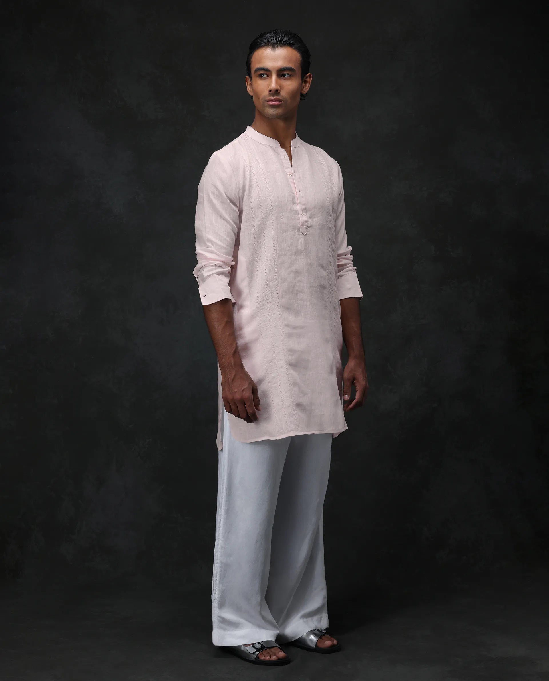 Rare Rabbit Men's President Pink 100% Linen Plain Regular Fit Full Sleeve Mandarin Collar Kurta