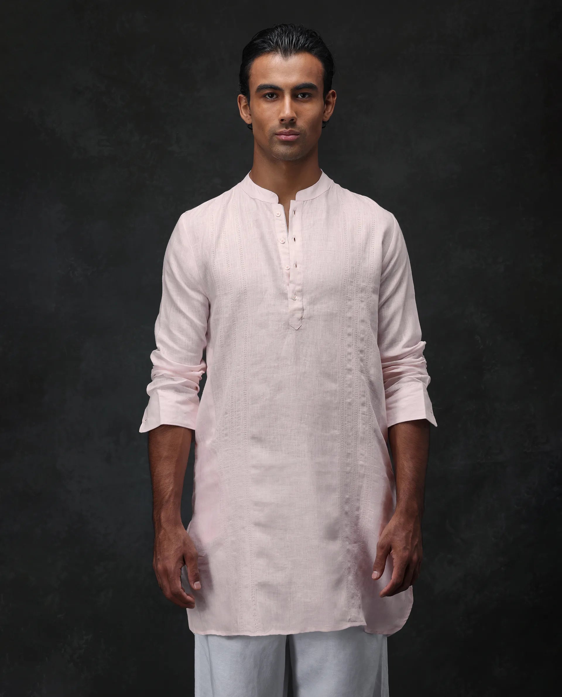 Rare Rabbit Men's President Pink 100% Linen Plain Regular Fit Full Sleeve Mandarin Collar Kurta