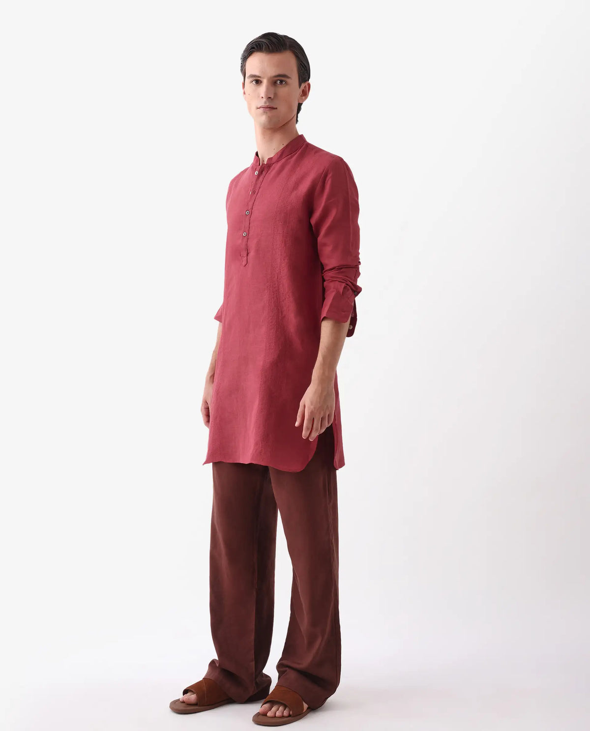 Rare Rabbit Men's President Red 100% Linen Plain Regular Fit Full Sleeve Mandarin Collar Kurta