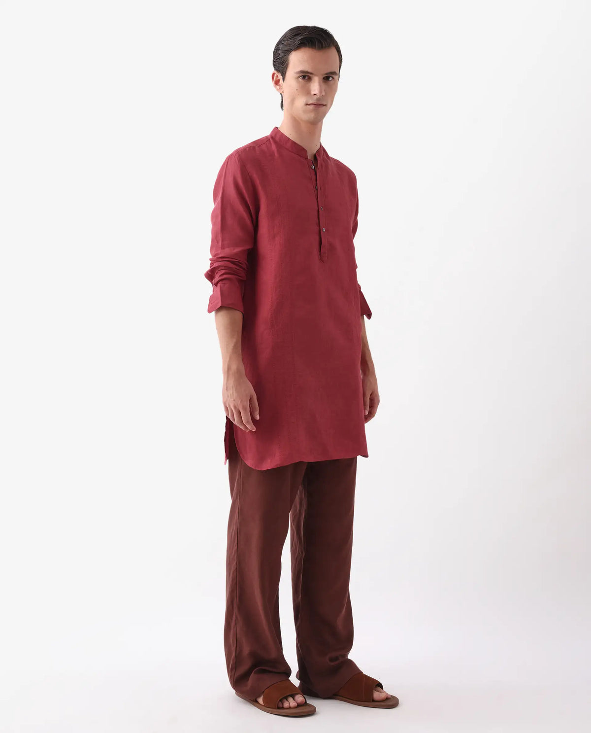 Rare Rabbit Men's President Red 100% Linen Plain Regular Fit Full Sleeve Mandarin Collar Kurta