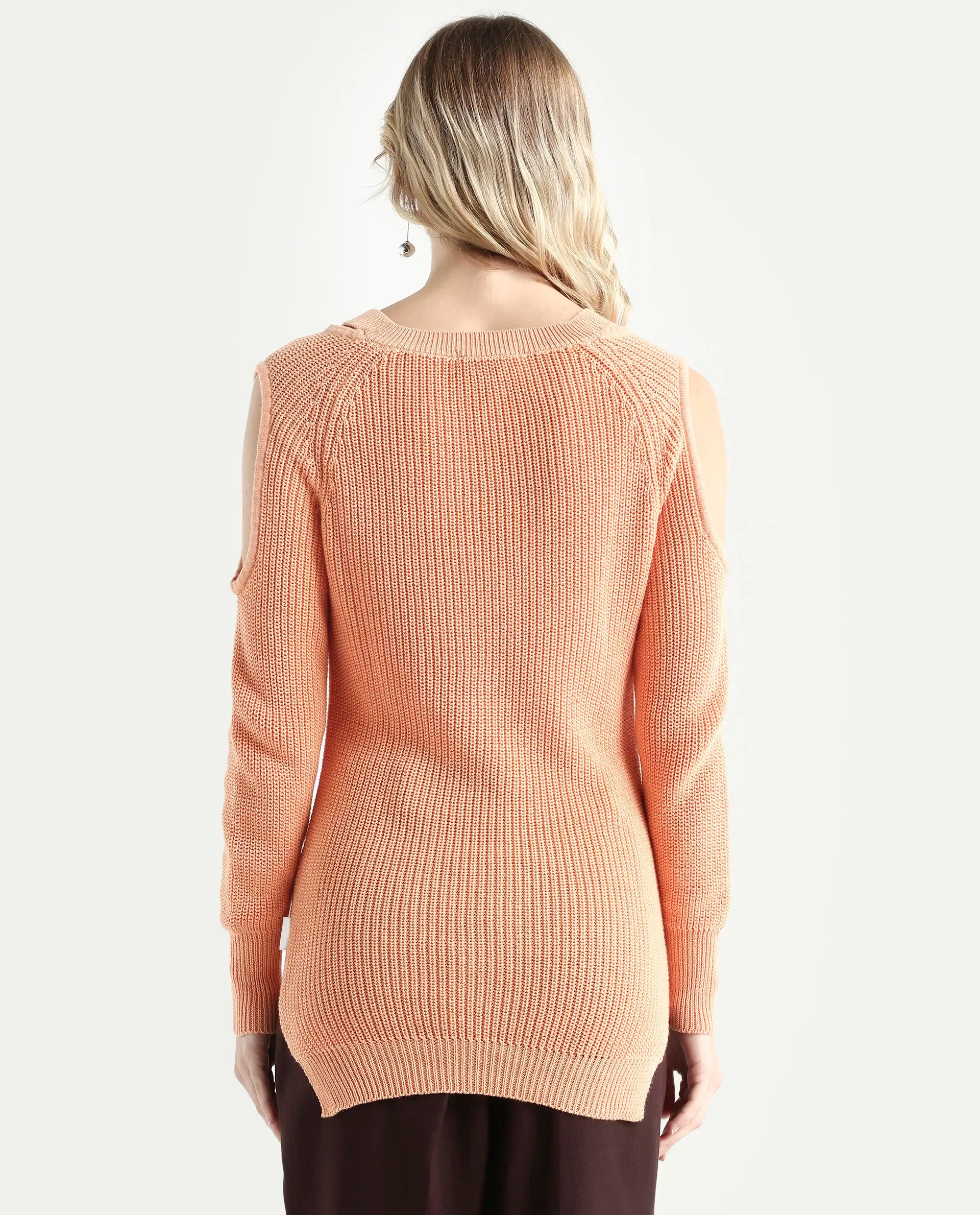 Rareism Women's Cold Orange Cotton Boat Neck Plain Slim Fit Sweater