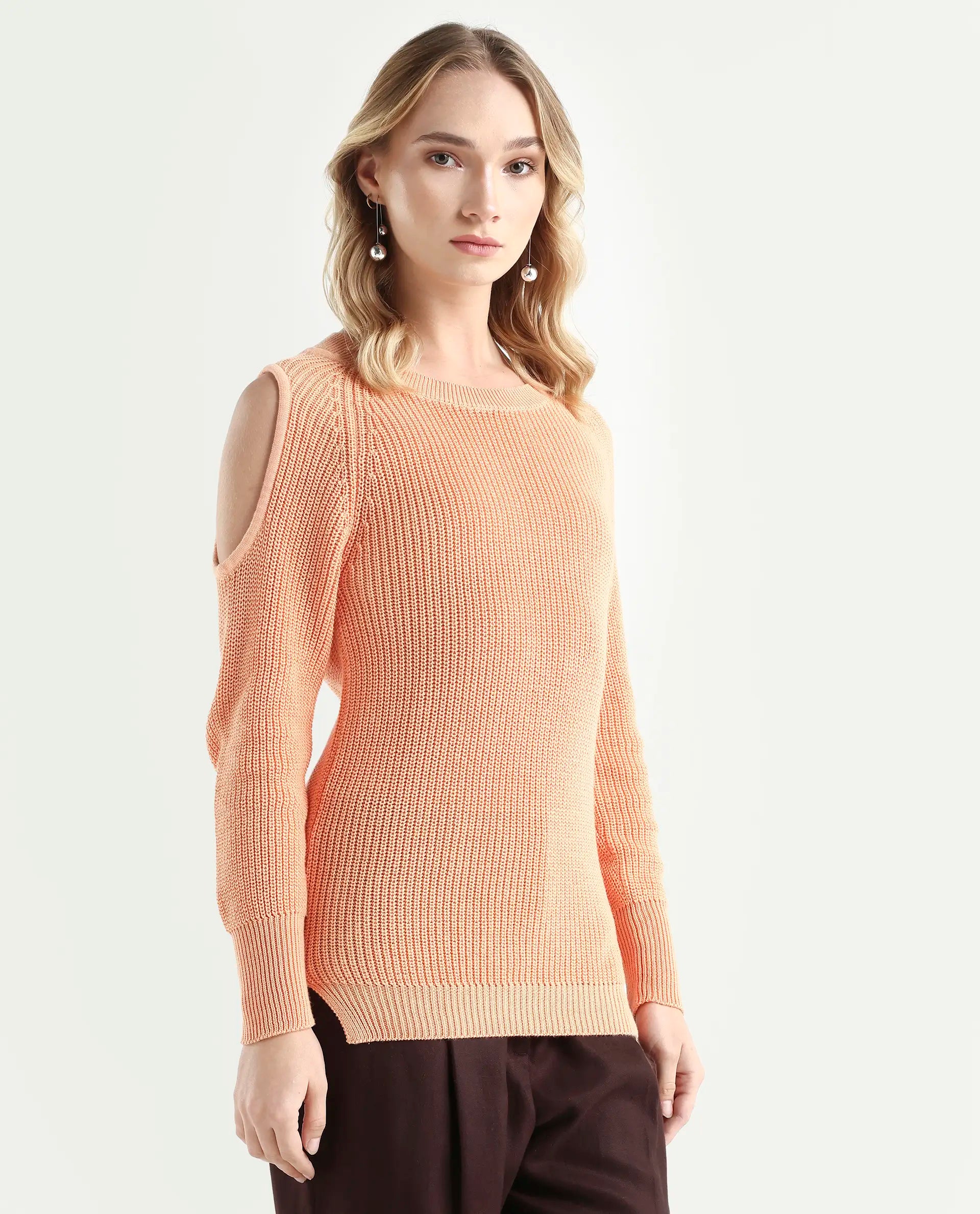 Rareism Women's Cold Orange Cotton Boat Neck Plain Slim Fit Sweater