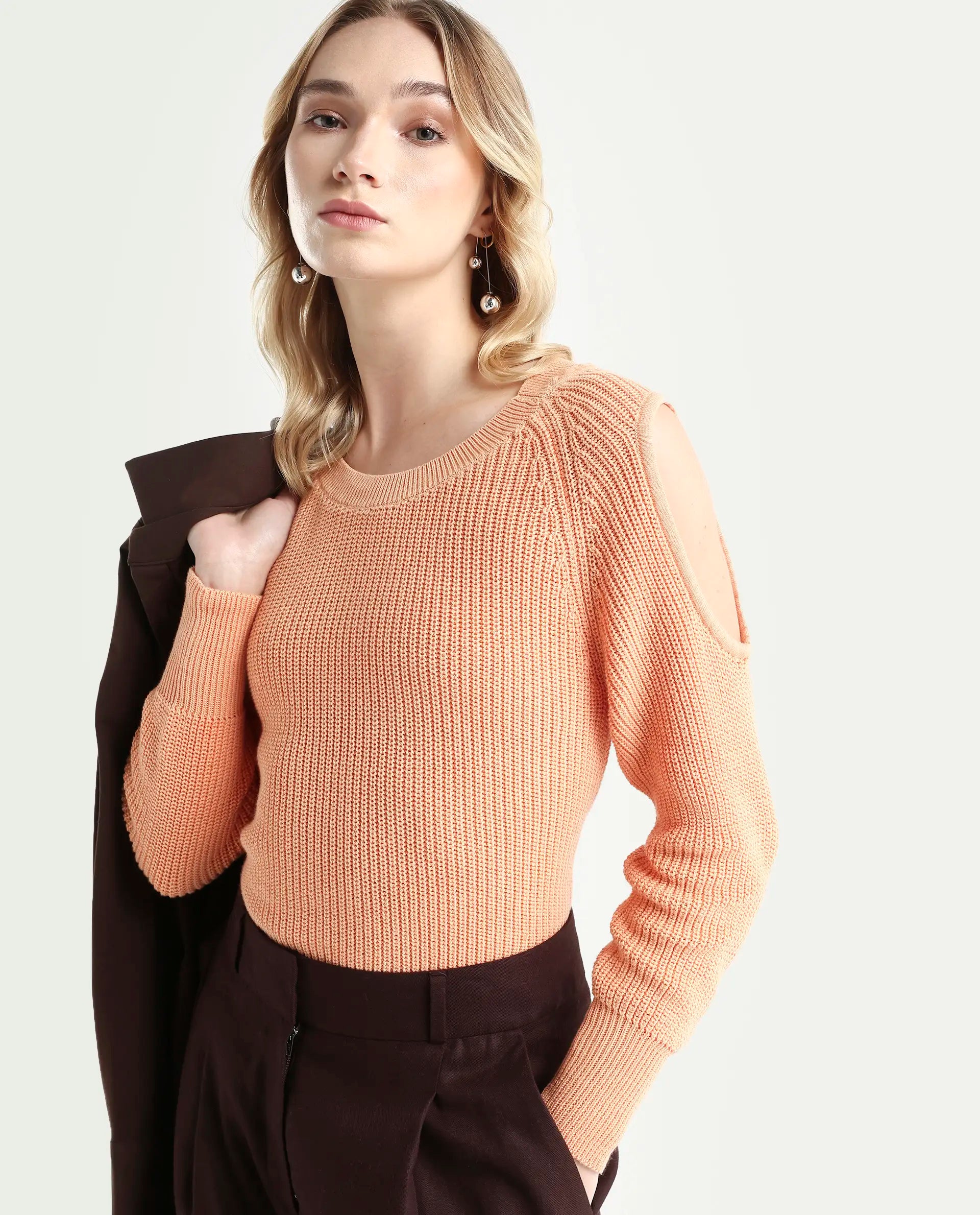 Rareism Women's Cold Orange Cotton Boat Neck Plain Slim Fit Sweater