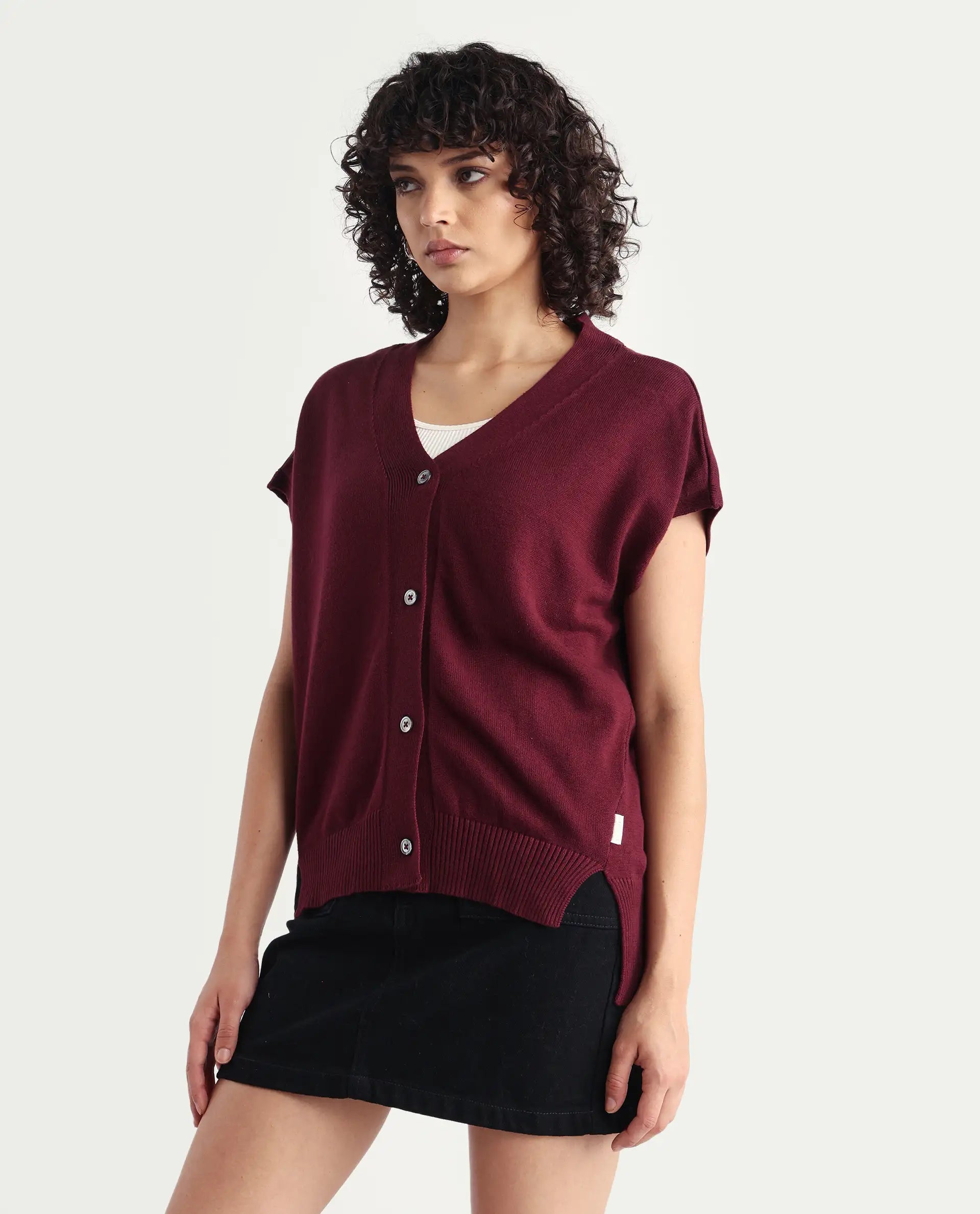 Rareism Women's Pave Maroon Cotton V-Neck Plain Extended Sleeves Regular Fit Sweater