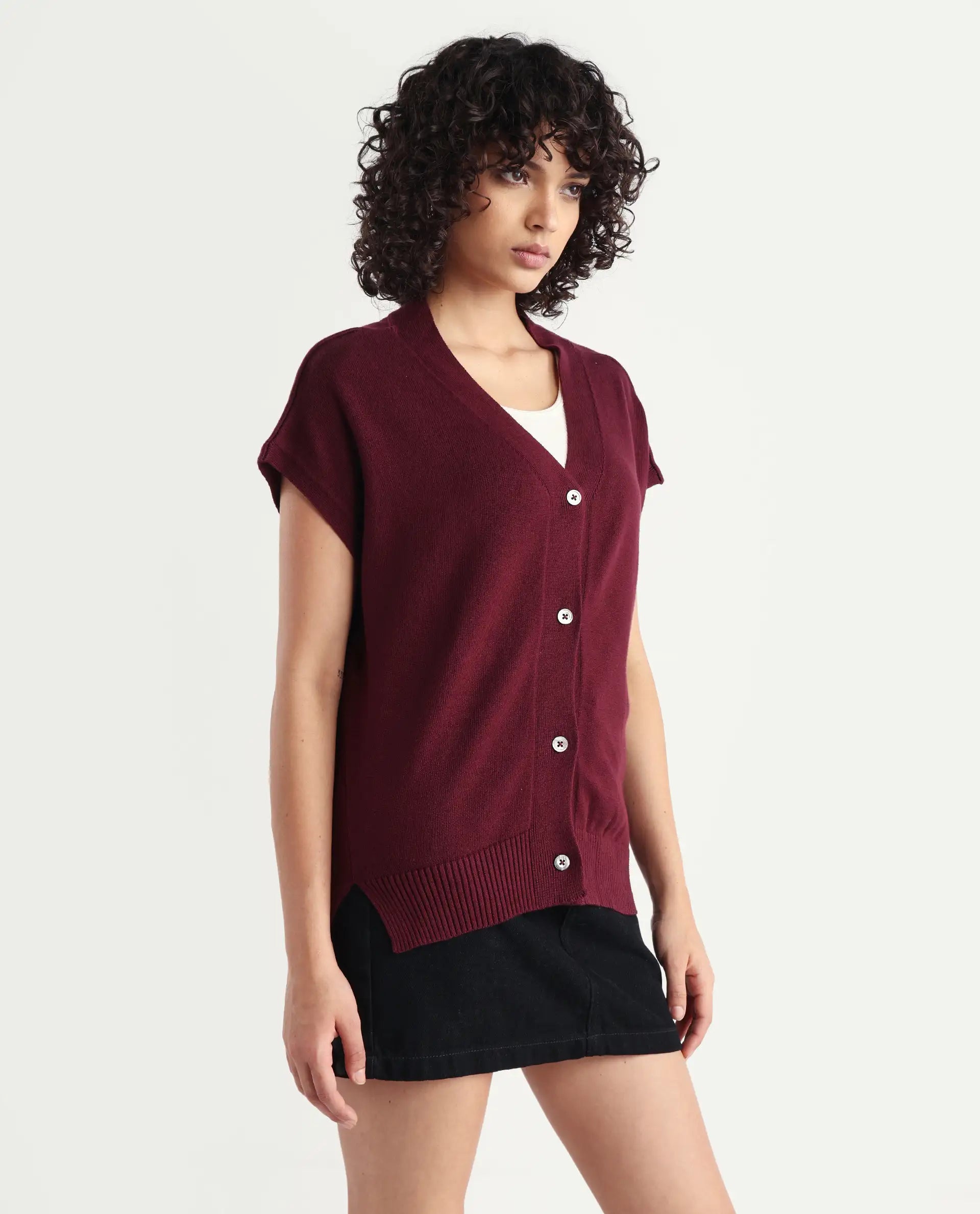 Rareism Women's Pave Maroon Cotton V-Neck Plain Extended Sleeves Regular Fit Sweater